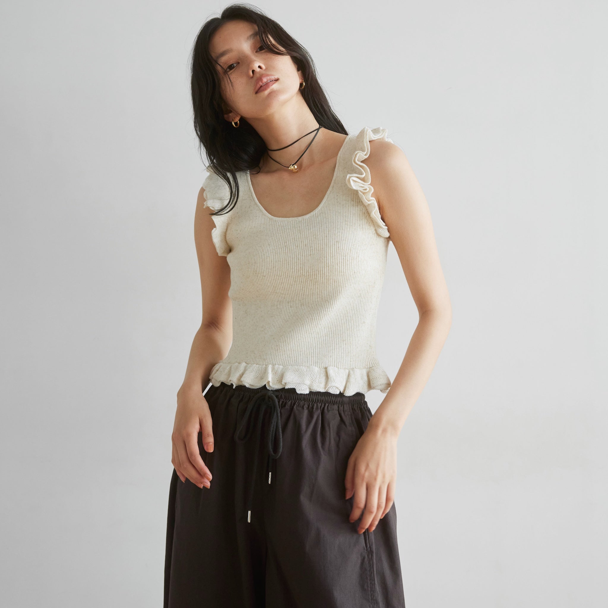 Linen combination FRILL knit top
