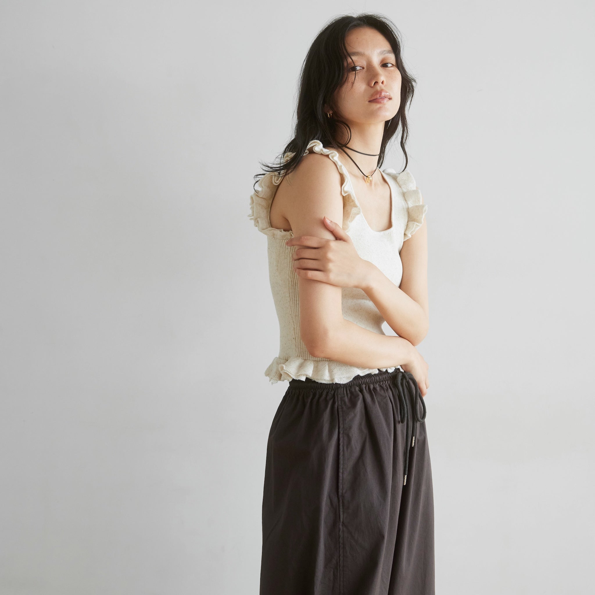 Linen combination FRILL knit top