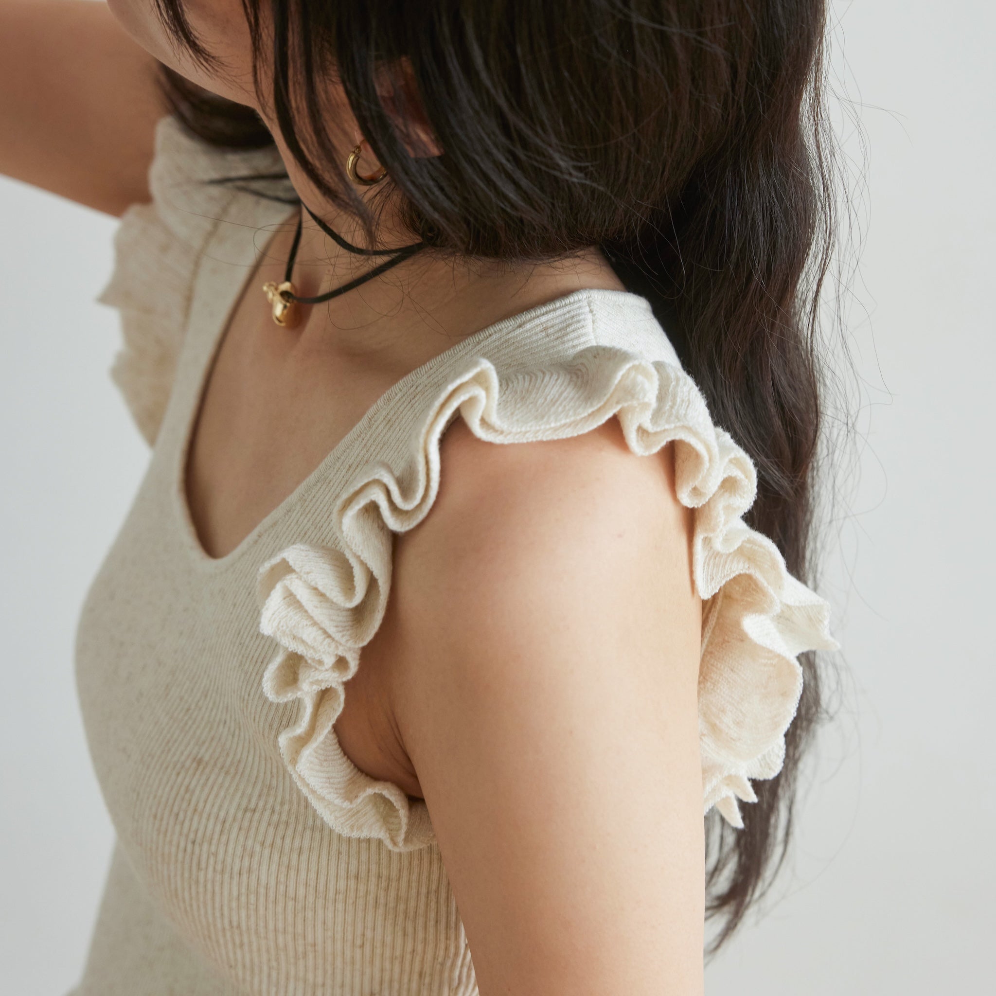 Linen combination FRILL knit top