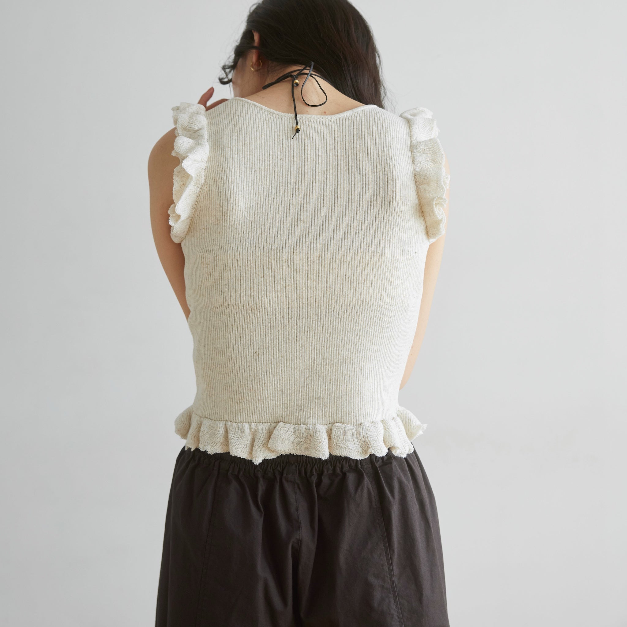 Linen combination FRILL knit top