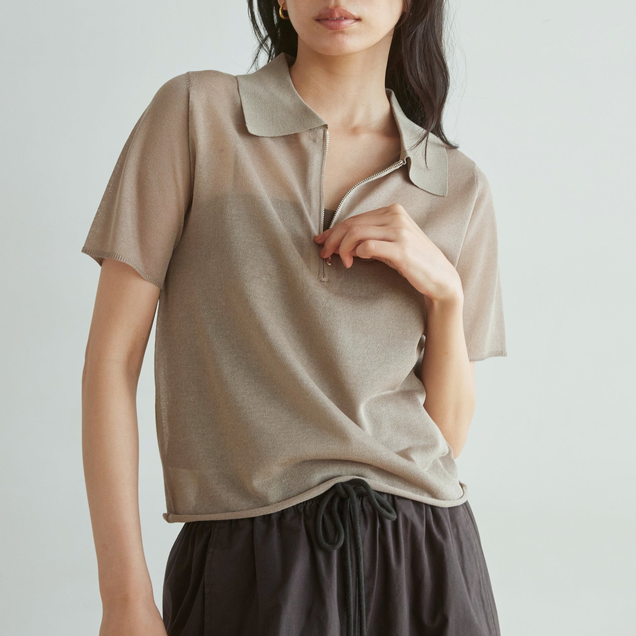 Sheer knit zip polo top