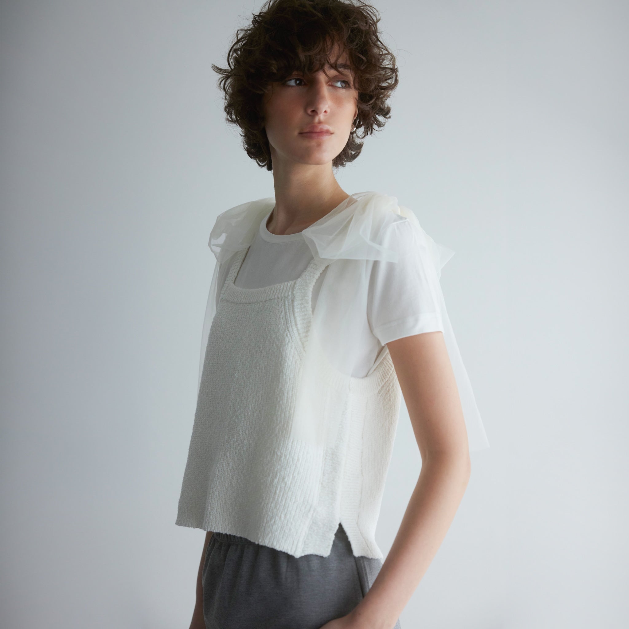 Cotton Boucle Knit Tulle Ribbon Cami
