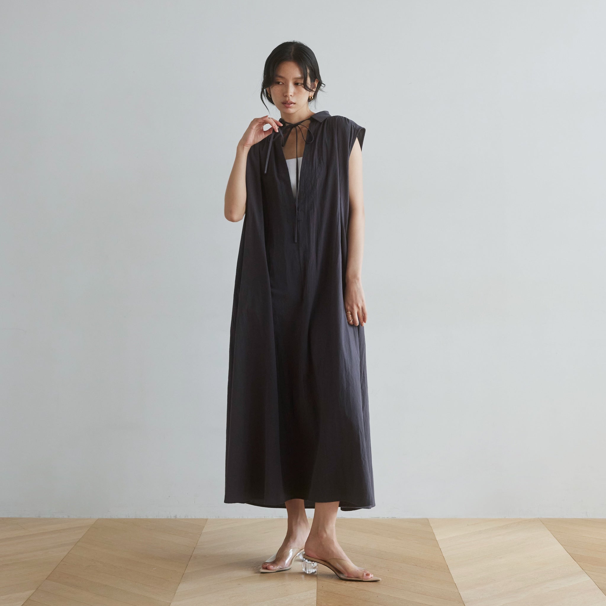 Cotton Wash collar Vカットタンクドレス