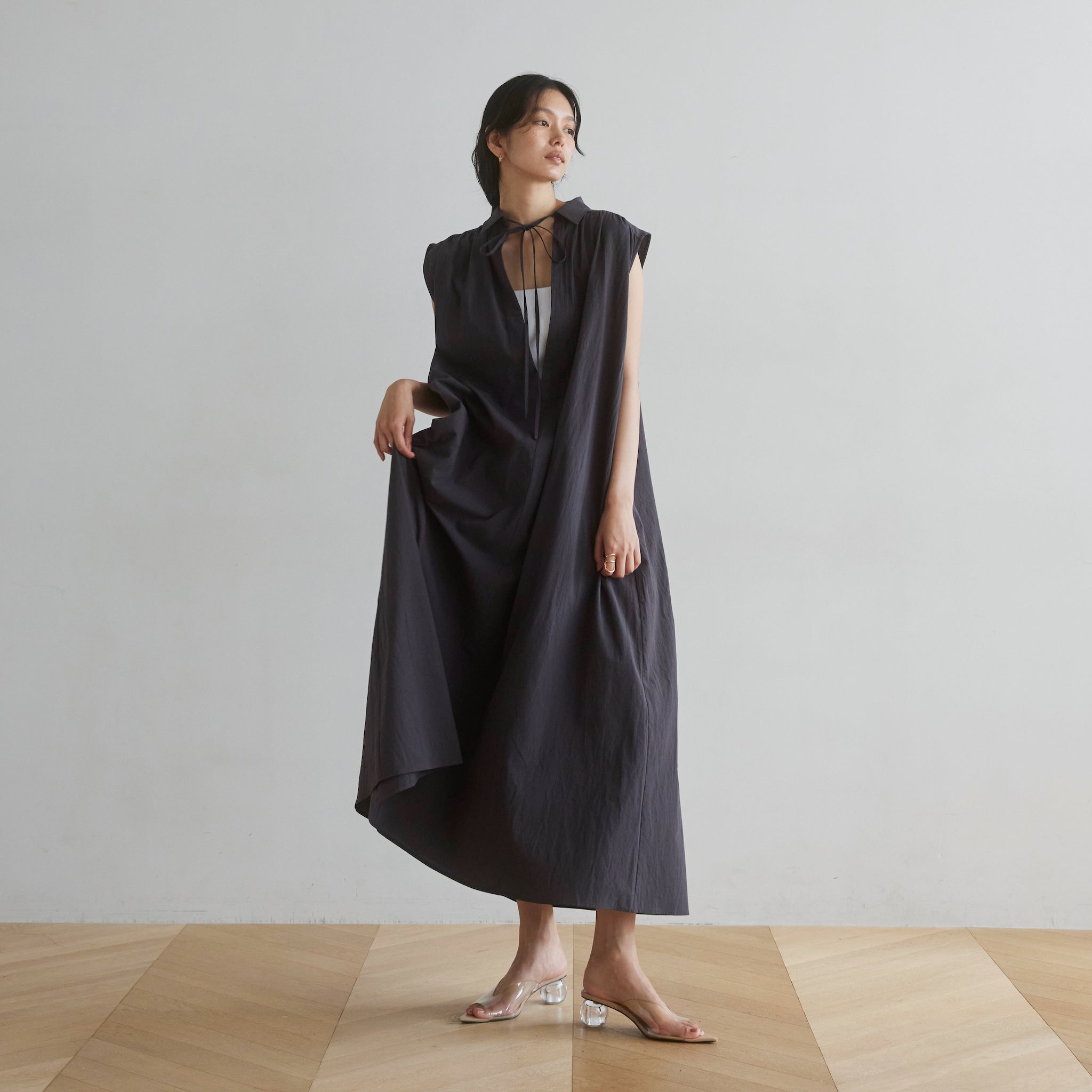 Cotton Wash collar Vカットタンクドレス