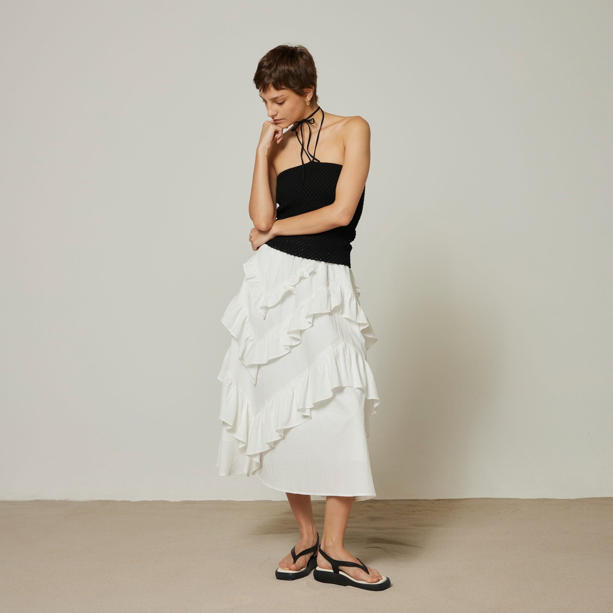 Cotton Wash Asymmetrical Ruffle Skirt