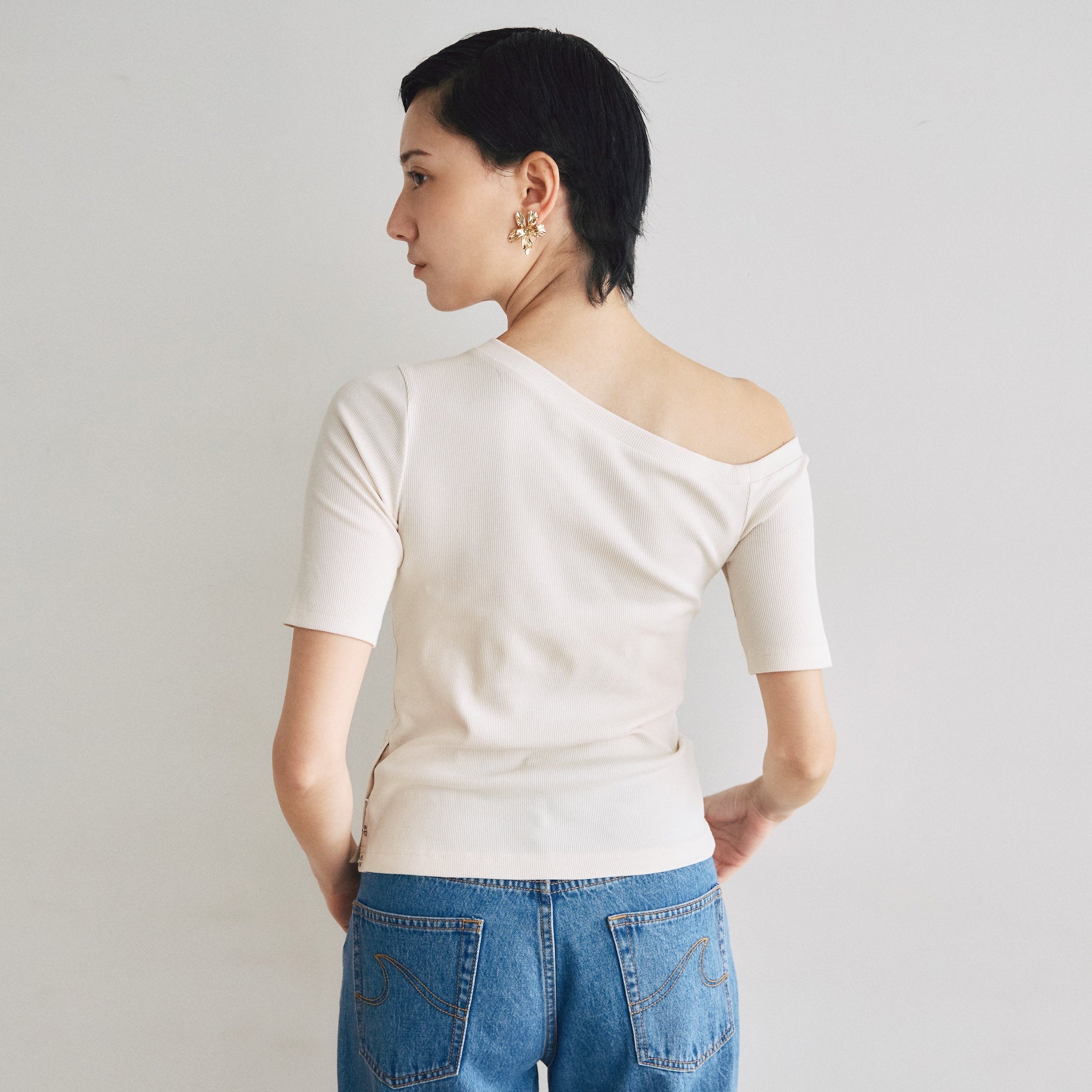 Button Detail One Shoulder Half Sleeve