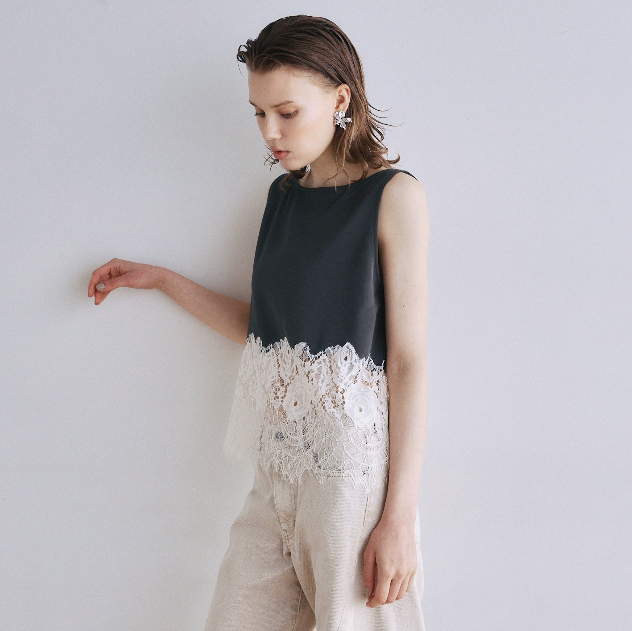 Recycled Satin Scallop Lace Top