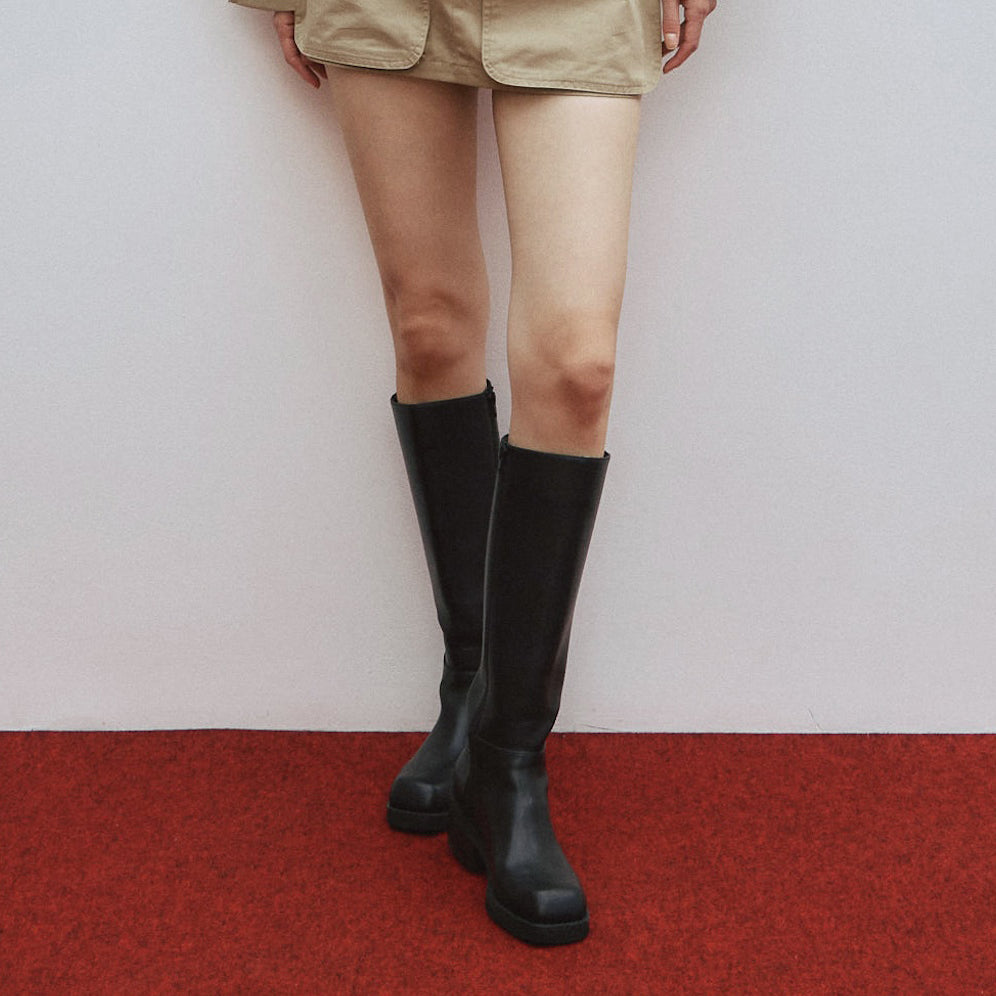 スクエアトゥローヒールロングブーツ