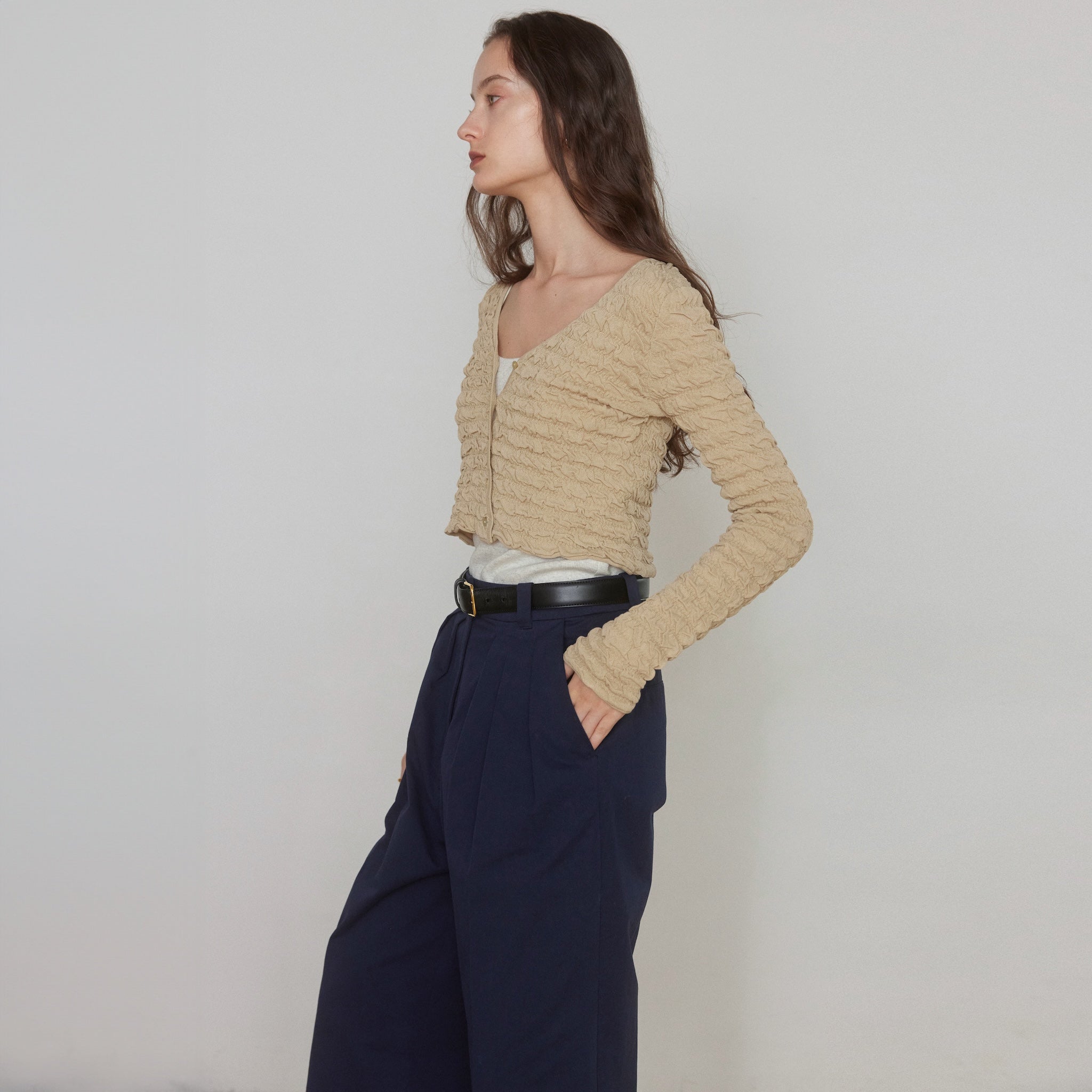 Random wave knit 2way short cardigan