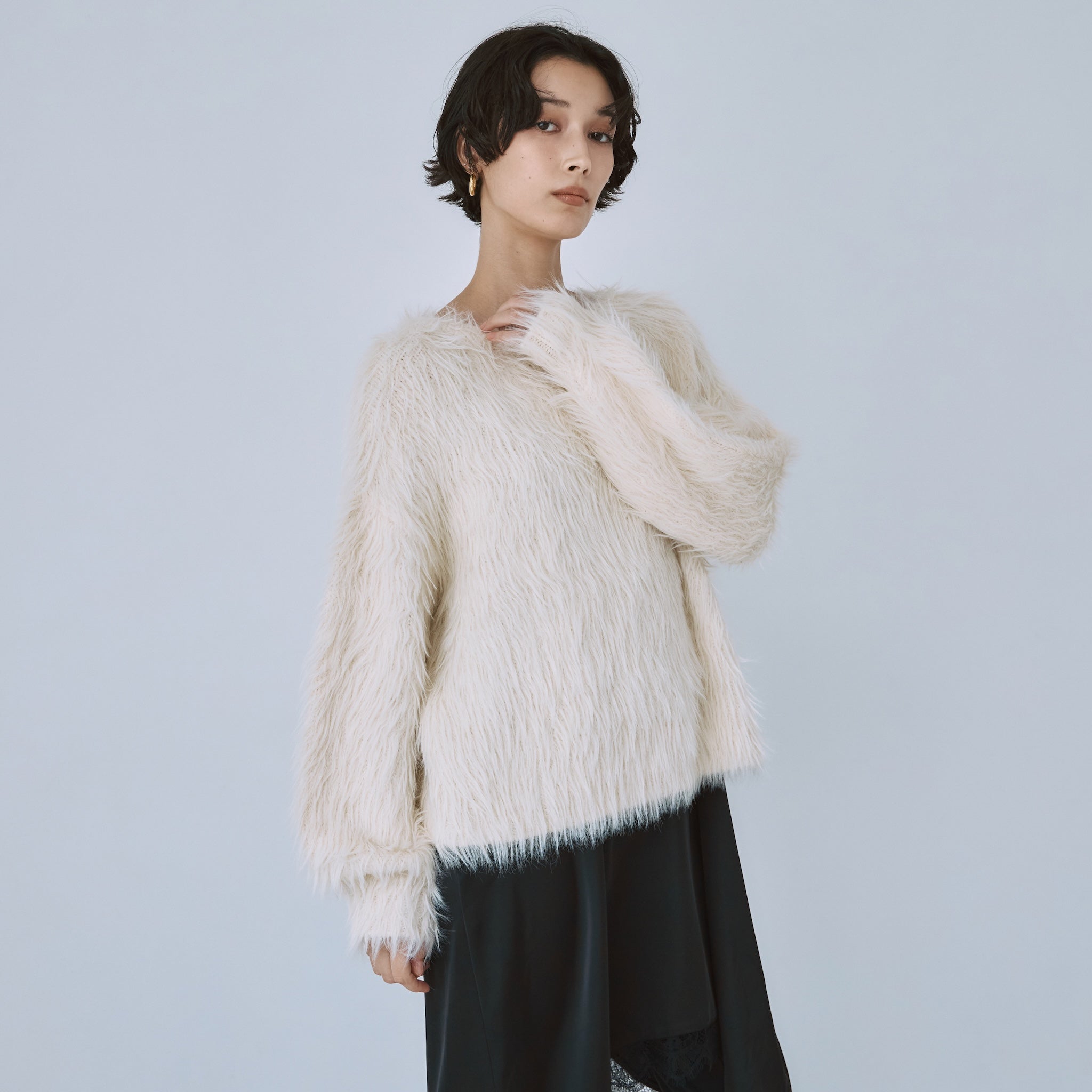 ヘアリーシャギーボートネックトップス