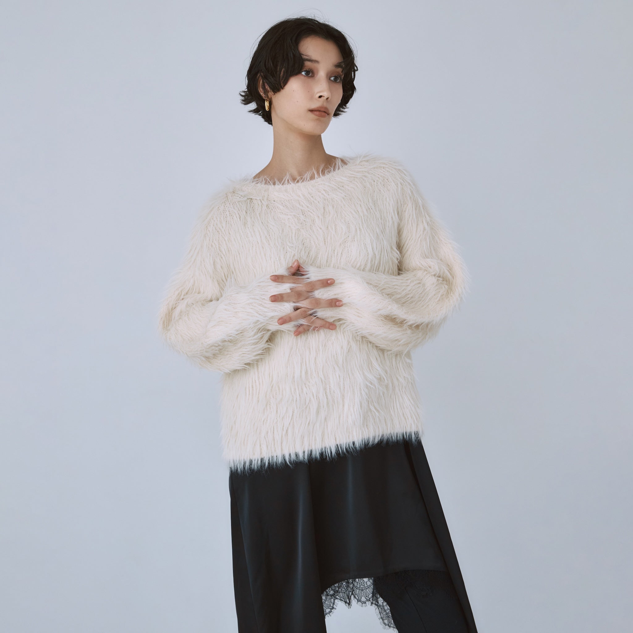 ヘアリーシャギーボートネックトップス