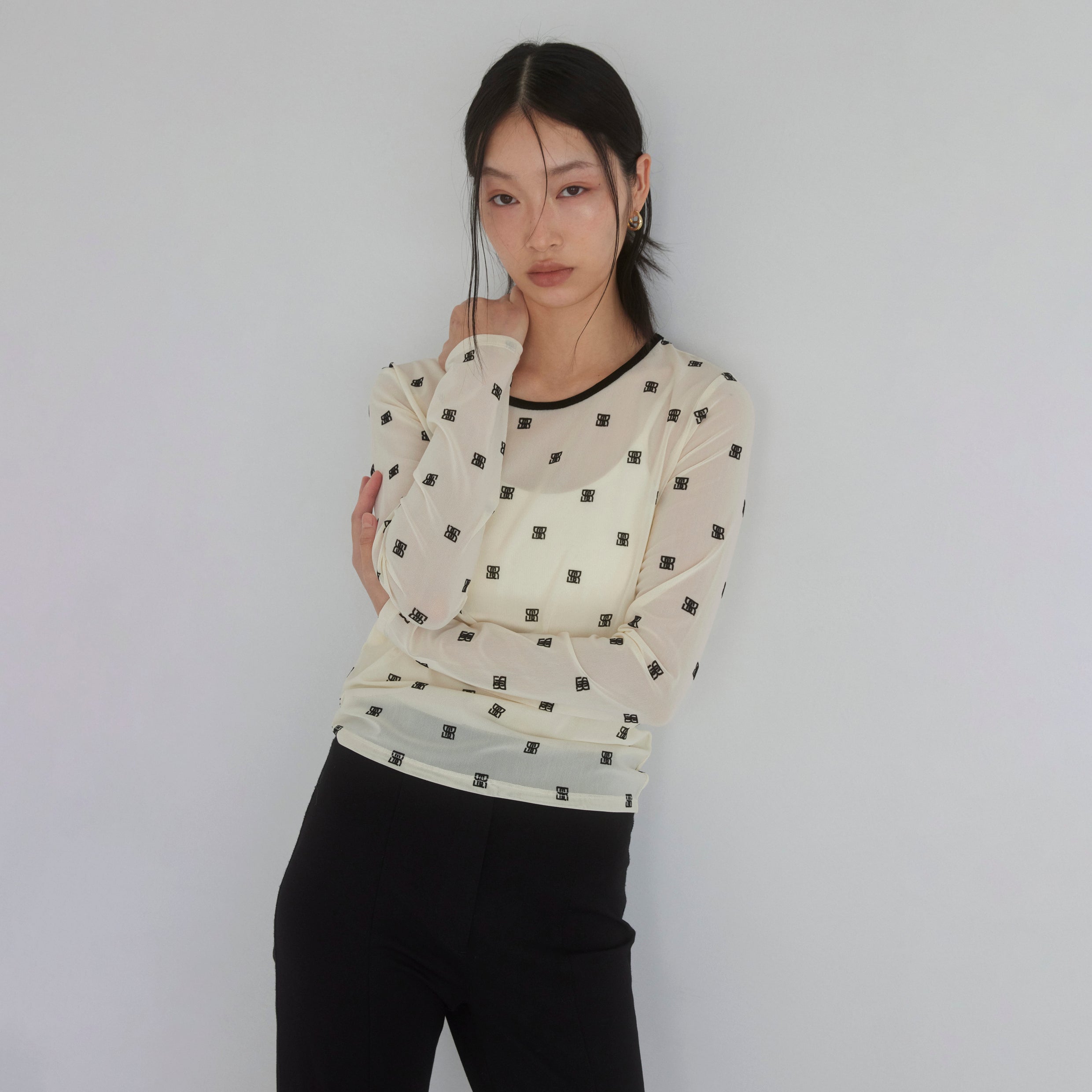 Flocked Multi Pattern Crew Neck Top