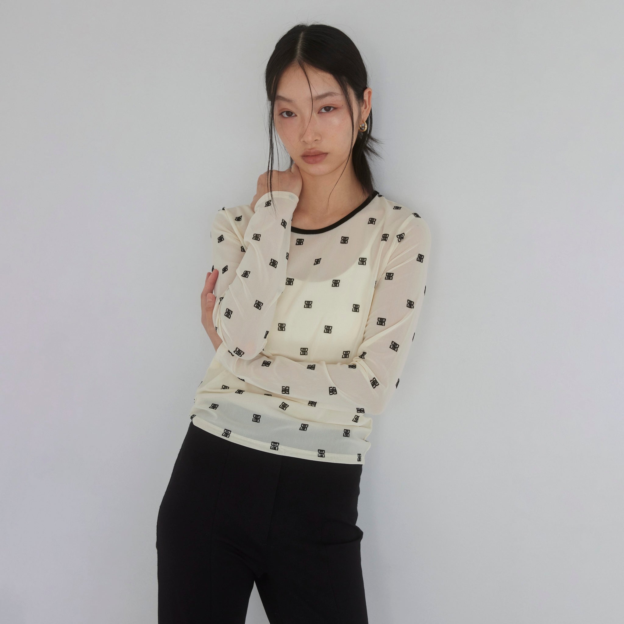 Flocked Multi Pattern Crew Neck Top