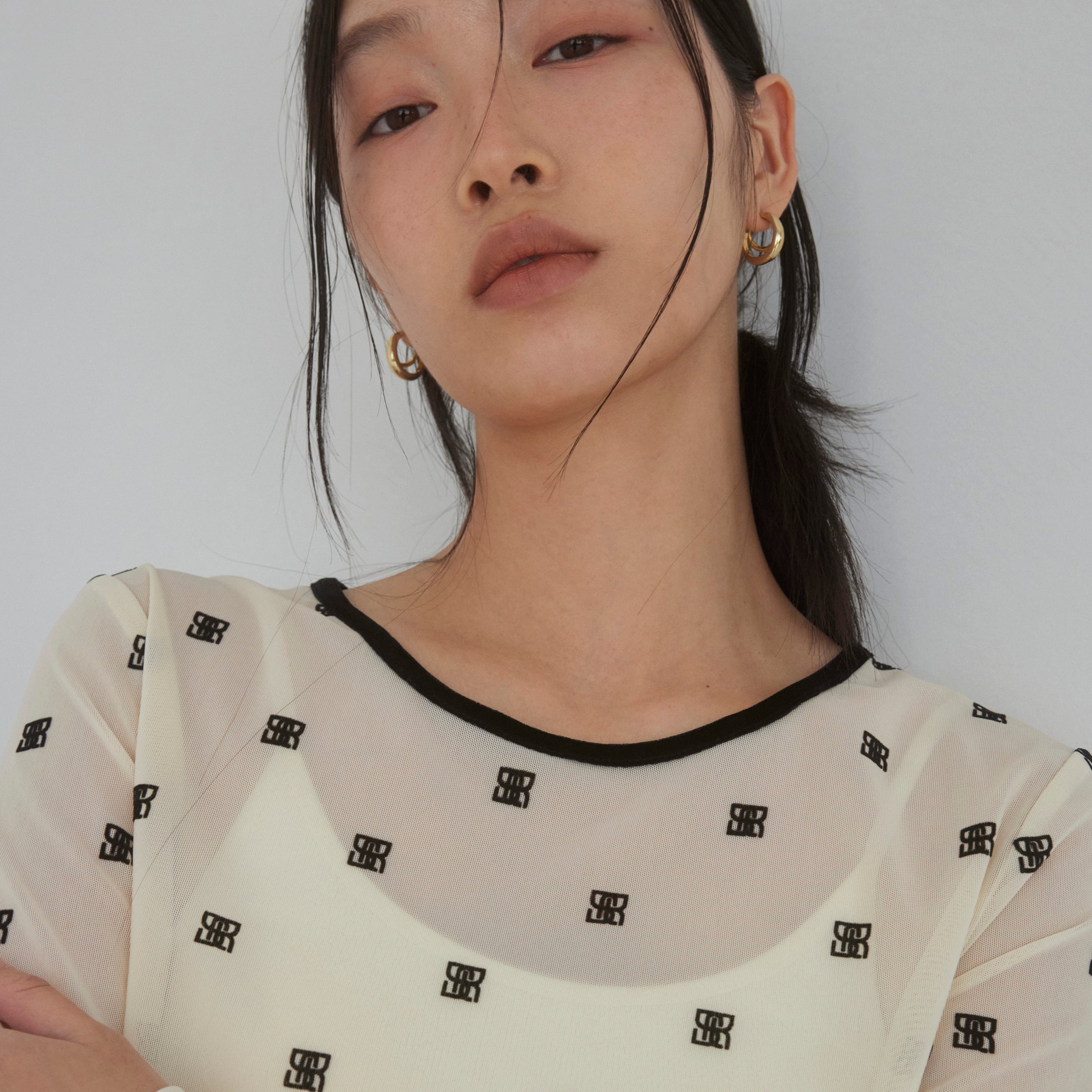Flocked Multi Pattern Crew Neck Top
