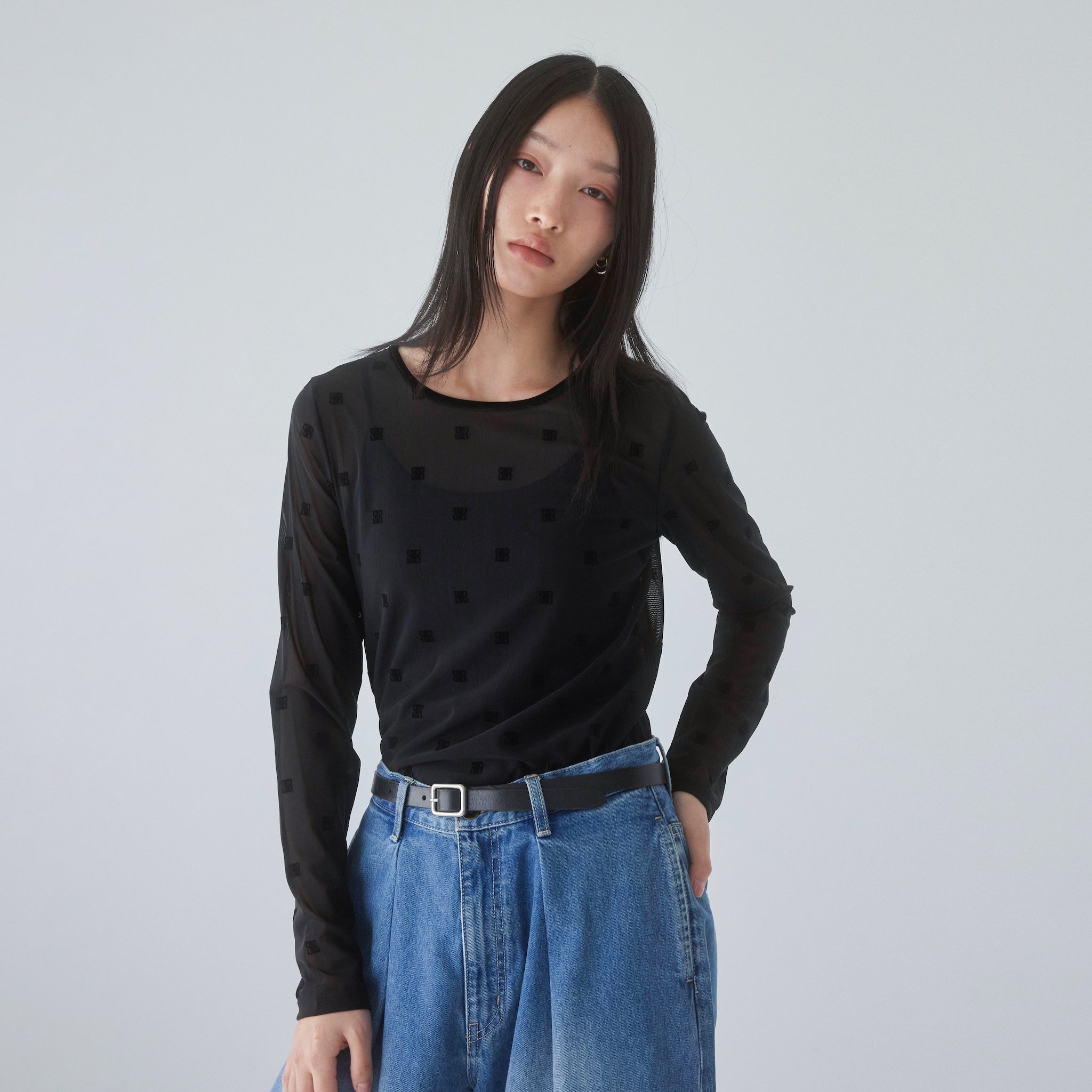 Flocked Multi Pattern Crew Neck Top