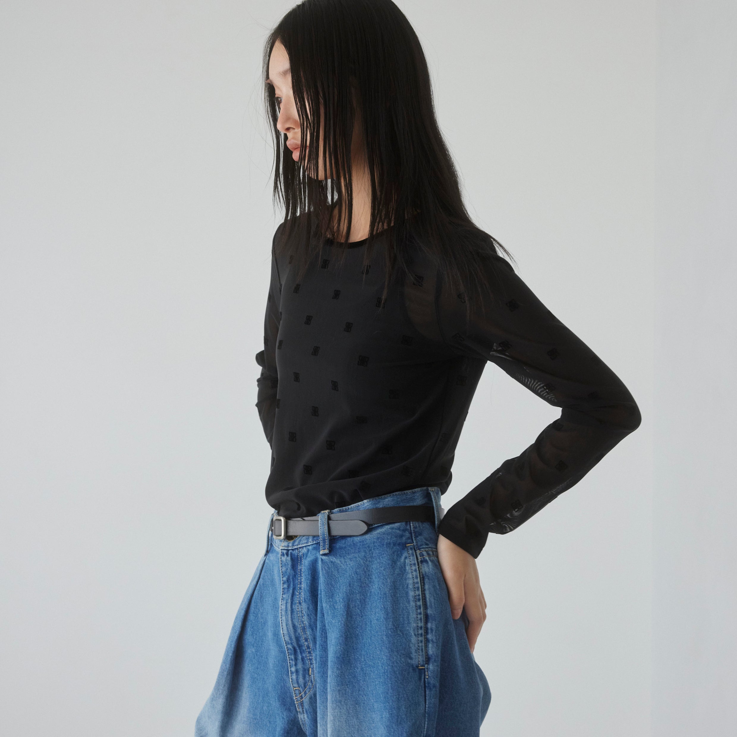 Flocked Multi Pattern Crew Neck Top