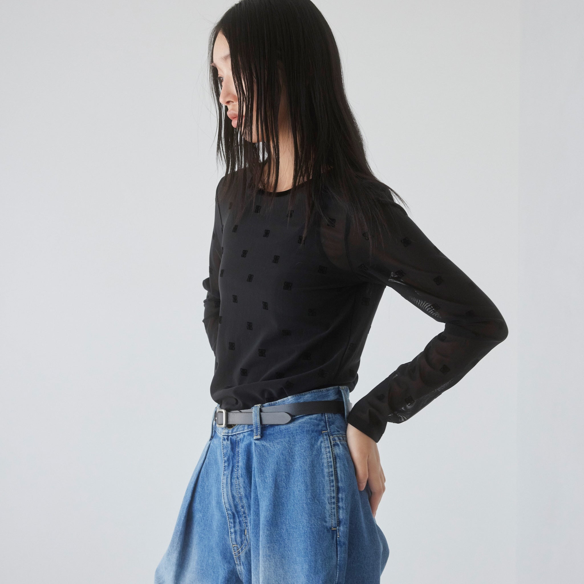 Flocked Multi Pattern Crew Neck Top