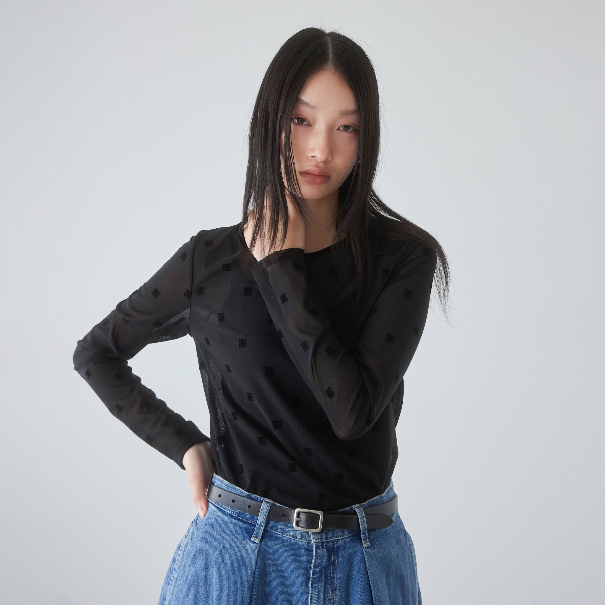 Flocked Multi Pattern Crew Neck Top