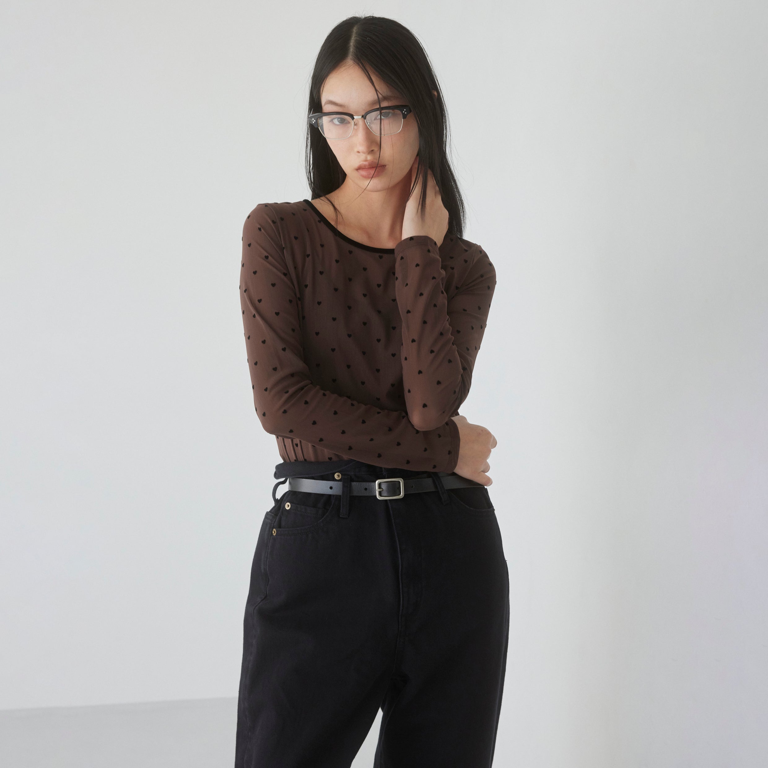 Flocked Multi Pattern Crew Neck Top