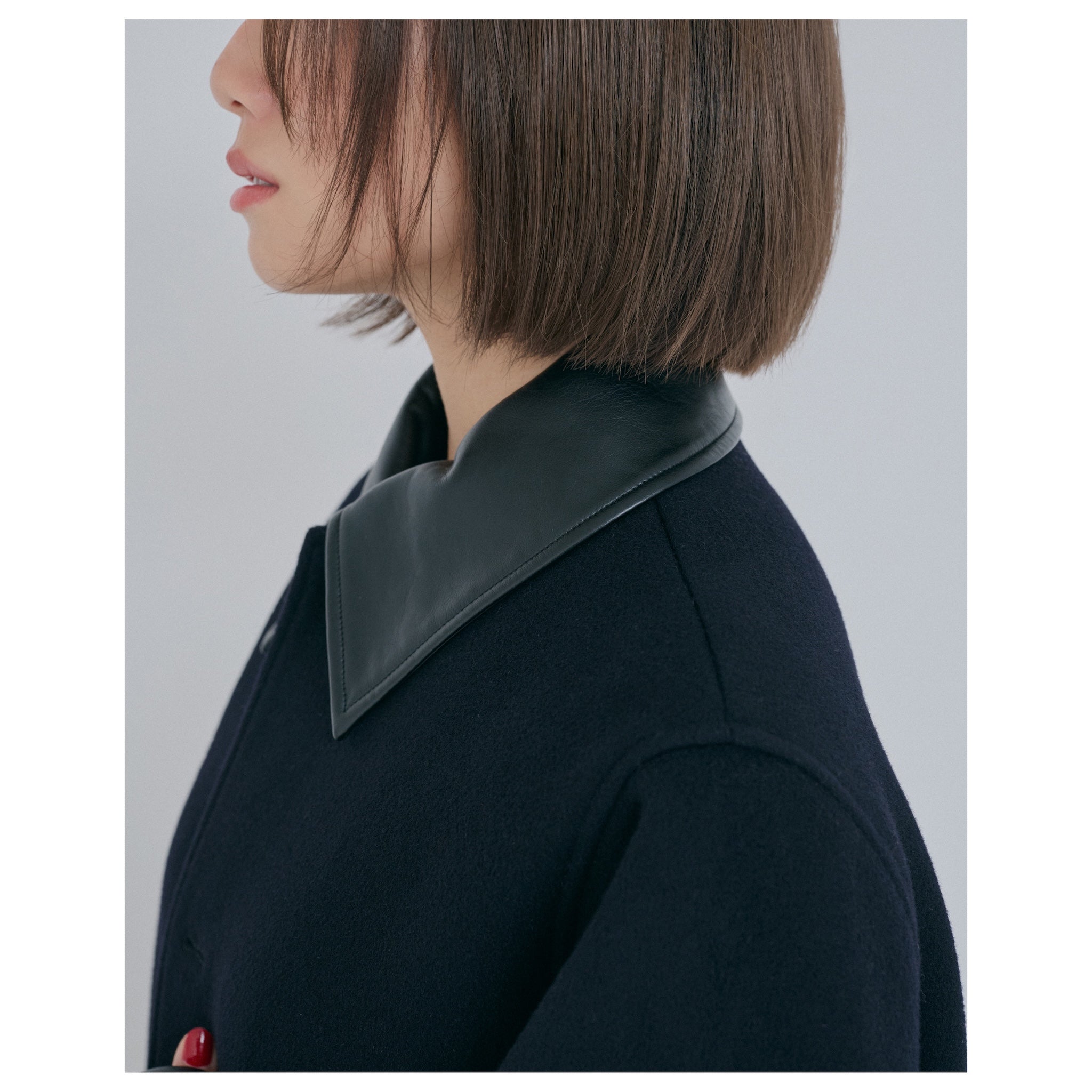 Collab leather collar wool coat