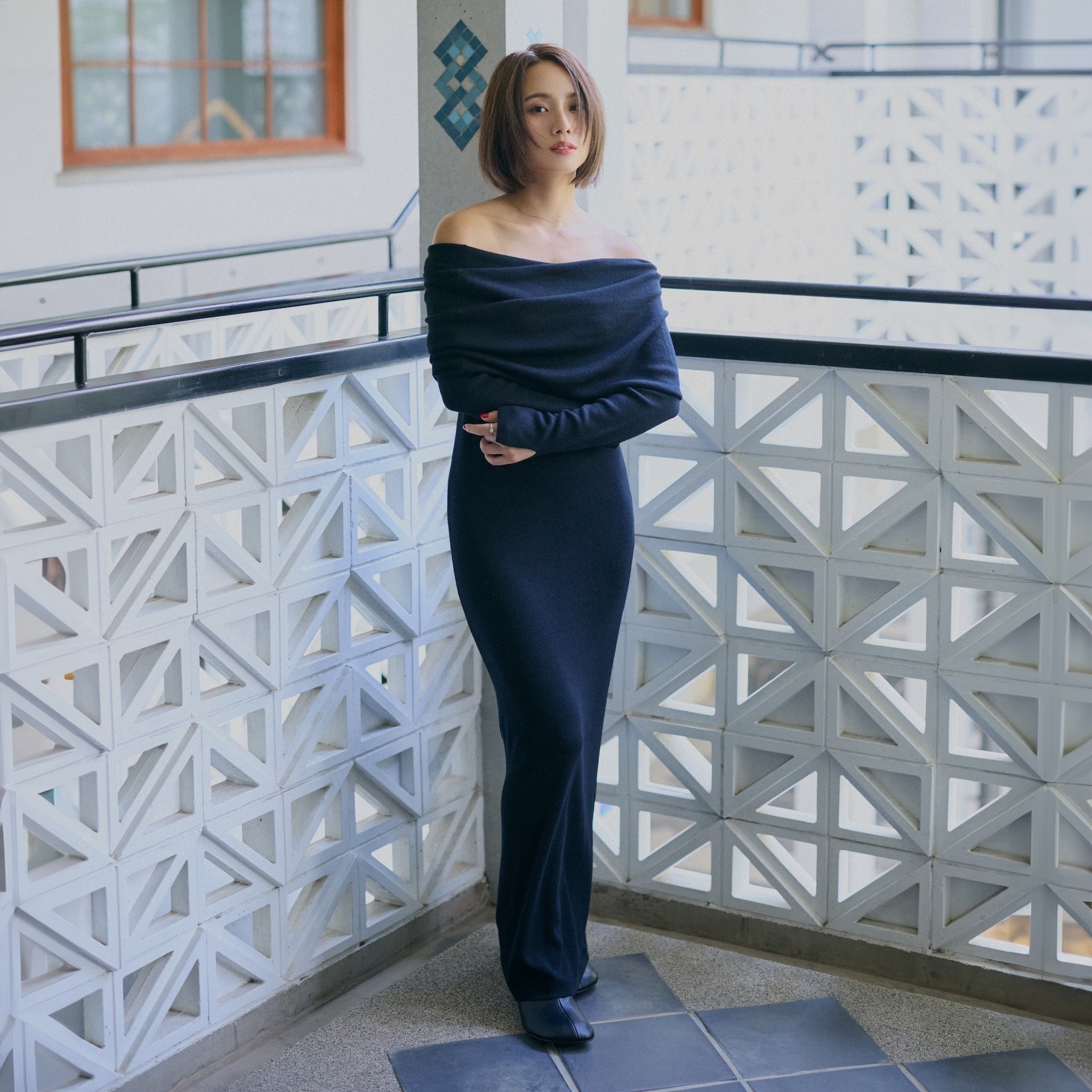 collab Silk wool off-the-shoulder knit dress