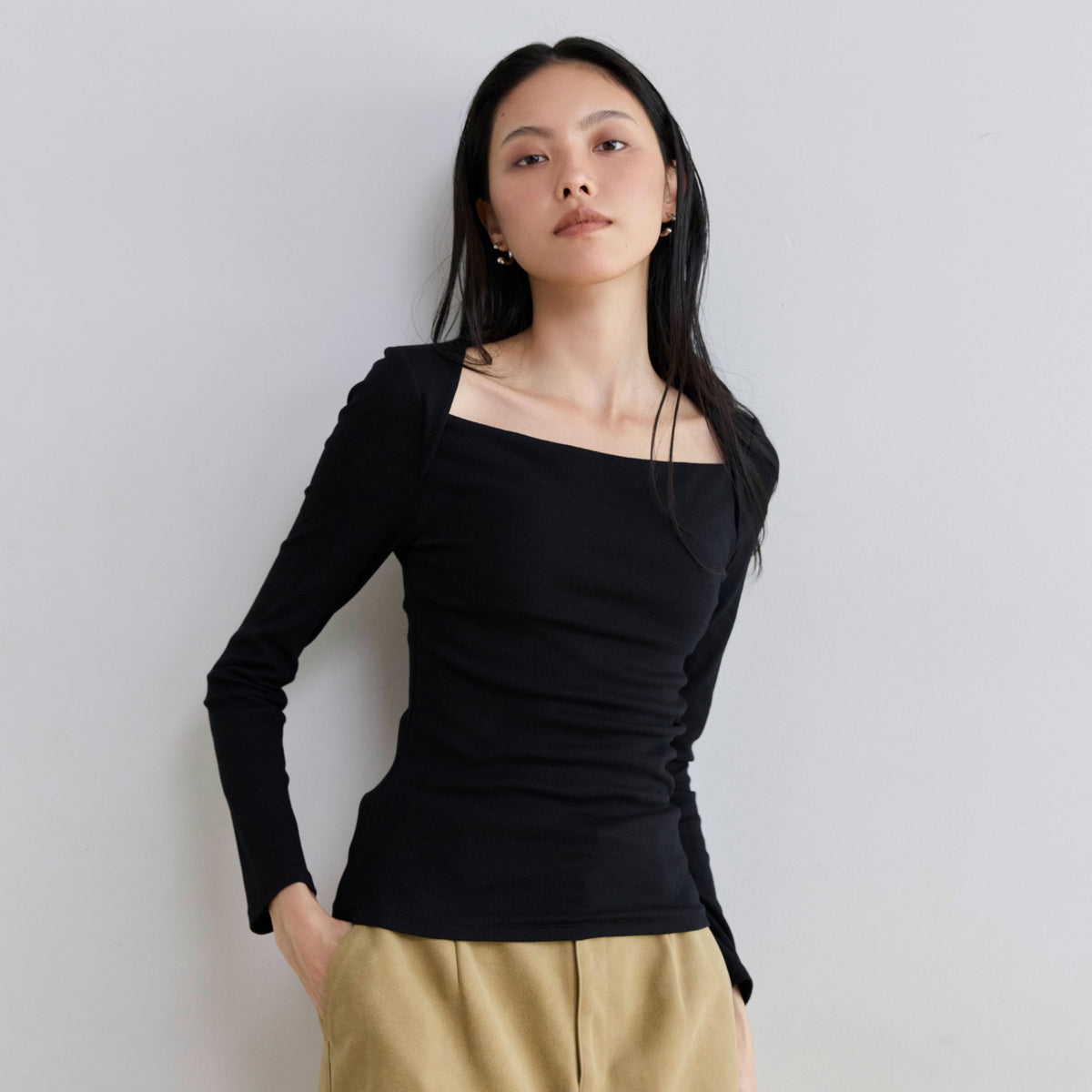 Fit Pad Marshmallow Soft Rib Layered Look Long-Sleeve Top
