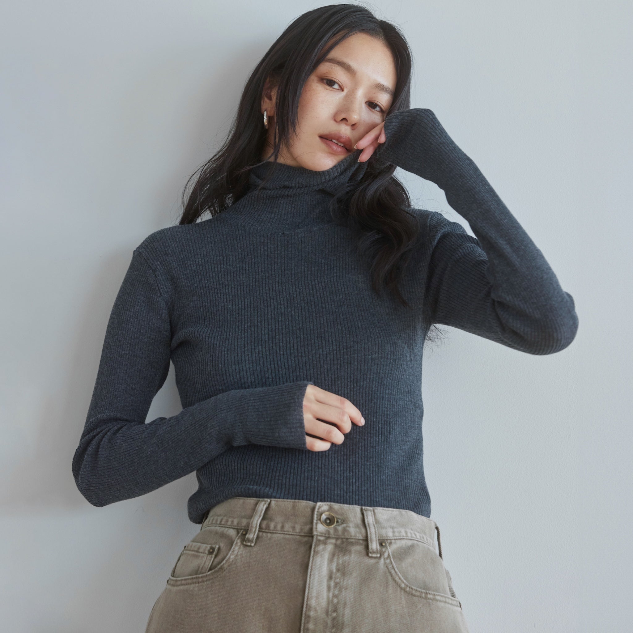 Sheer RIB Knitタートルトップス