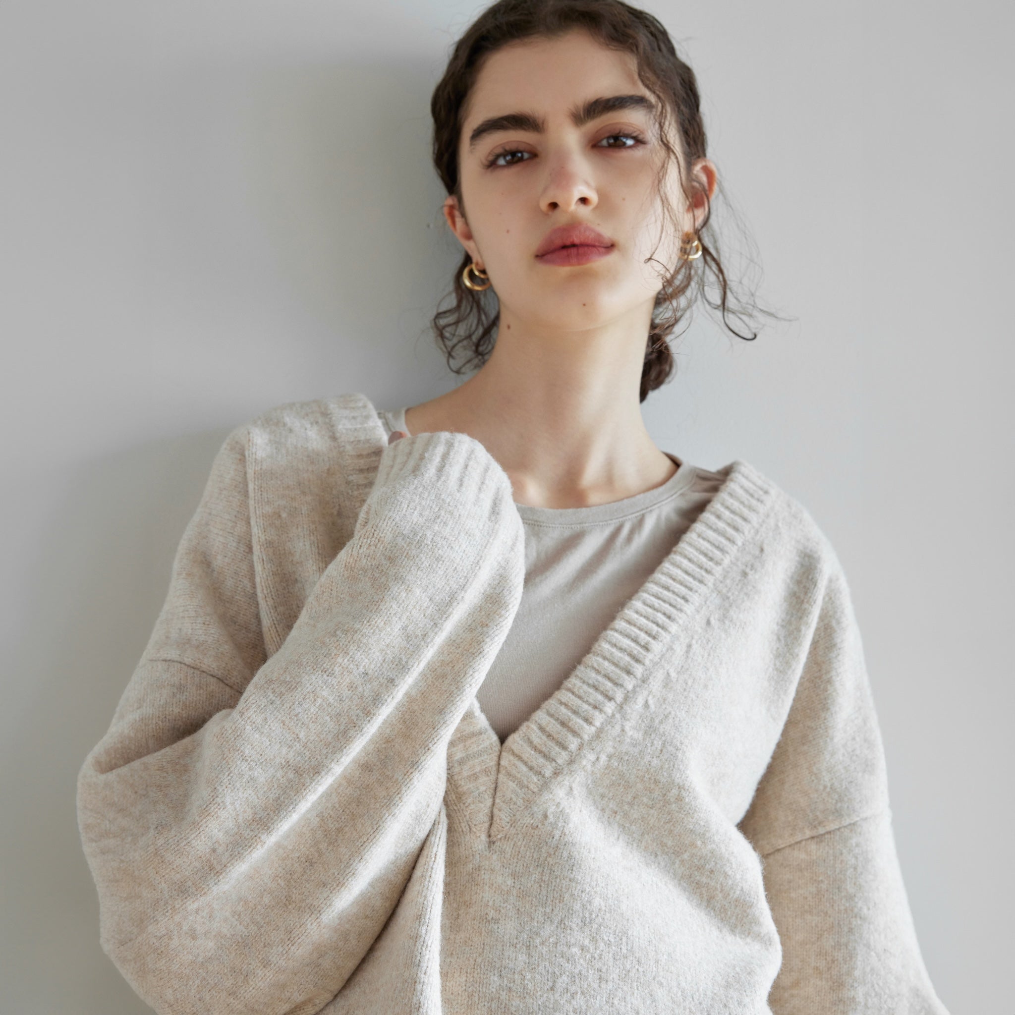 Wool mix deep V-neck top