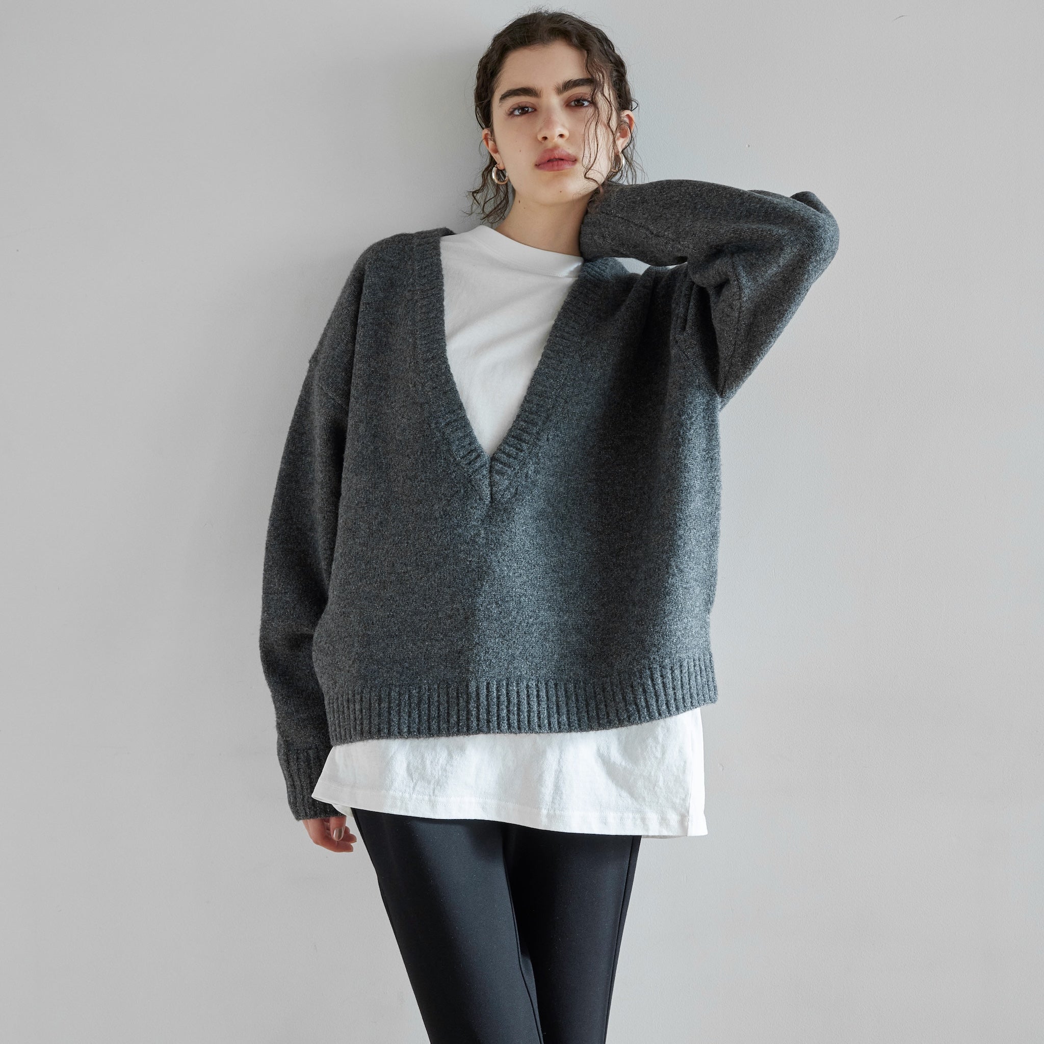 Wool mix deep V-neck top