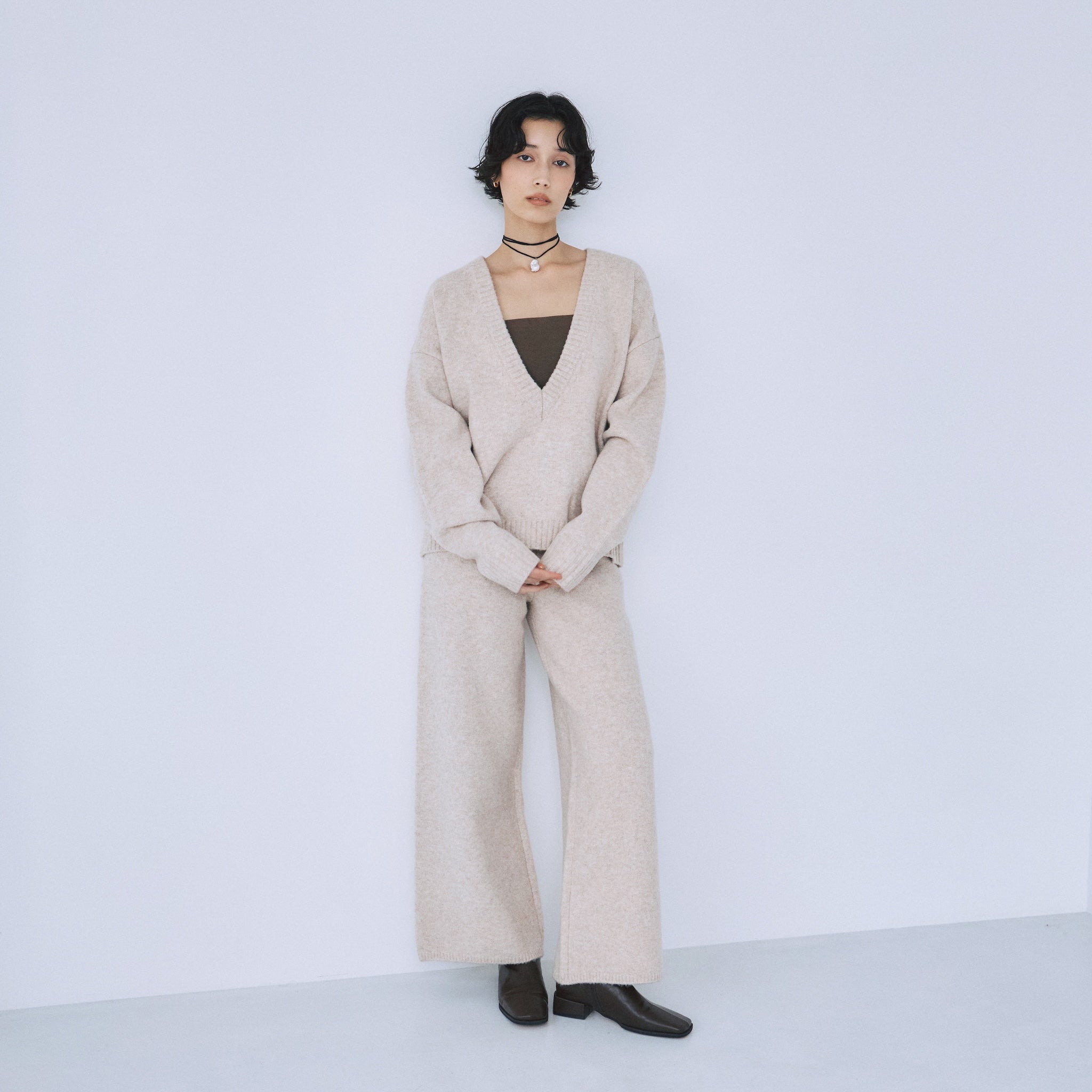 Wool mix deep V-neck top