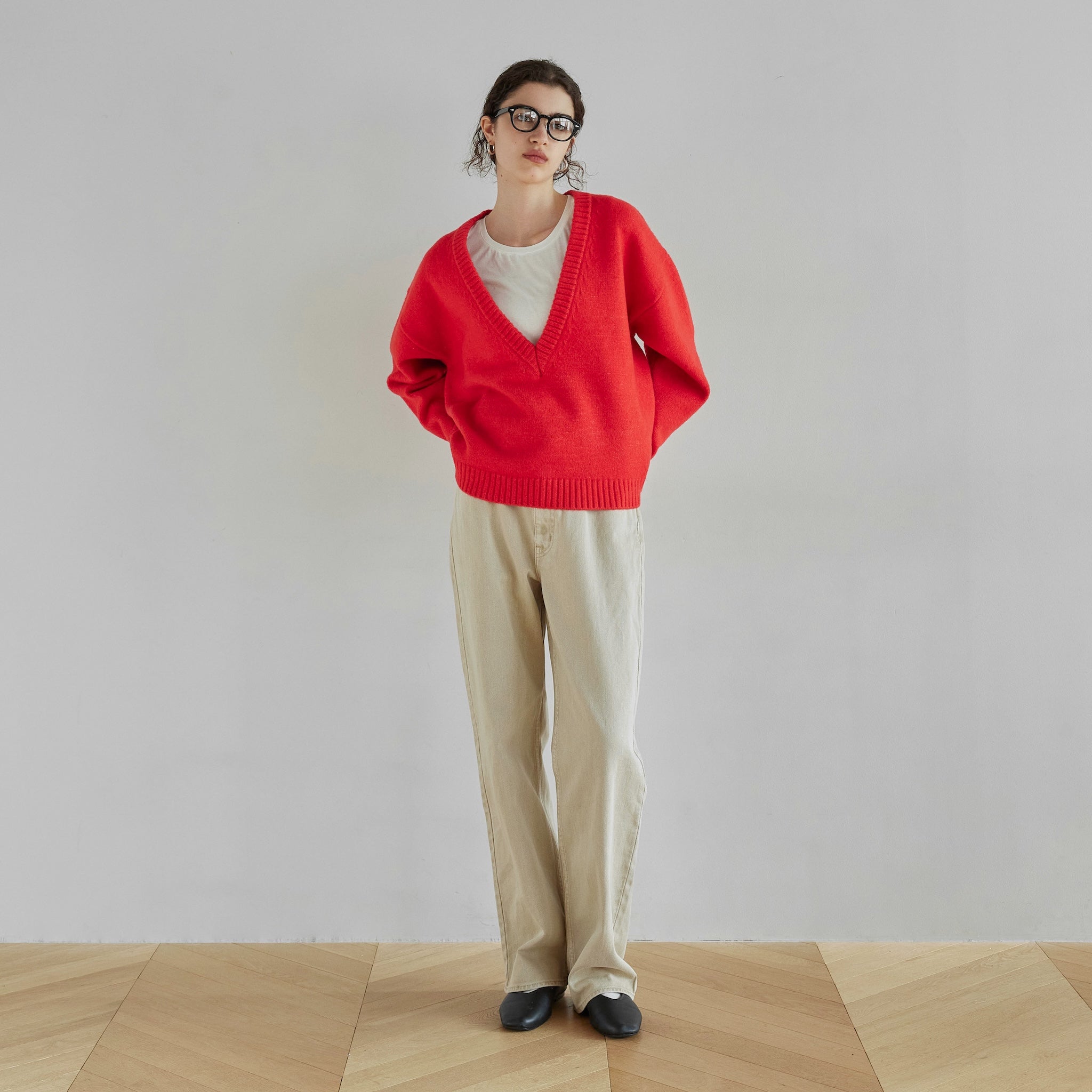 Wool mix deep V-neck top