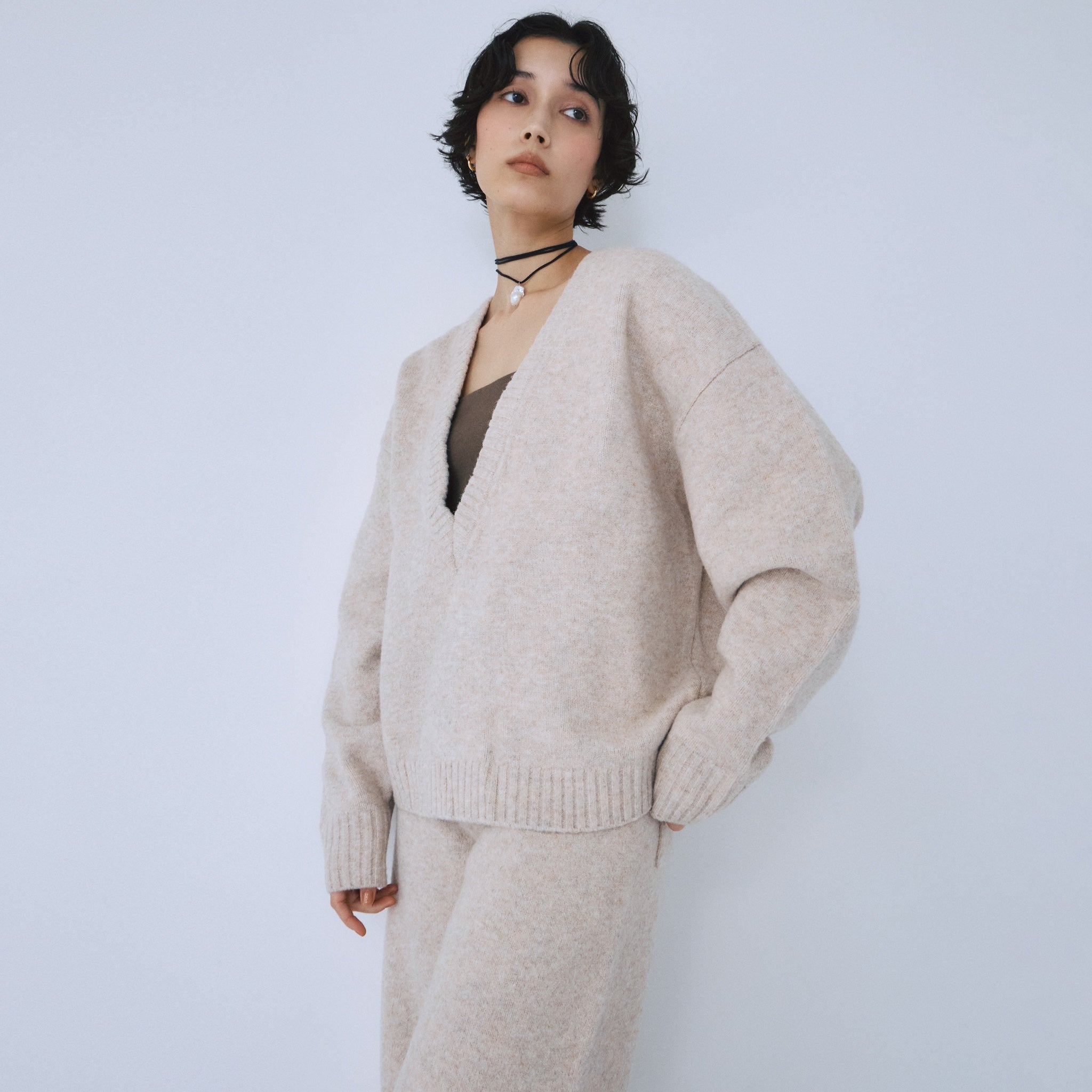 Wool mix deep V-neck top