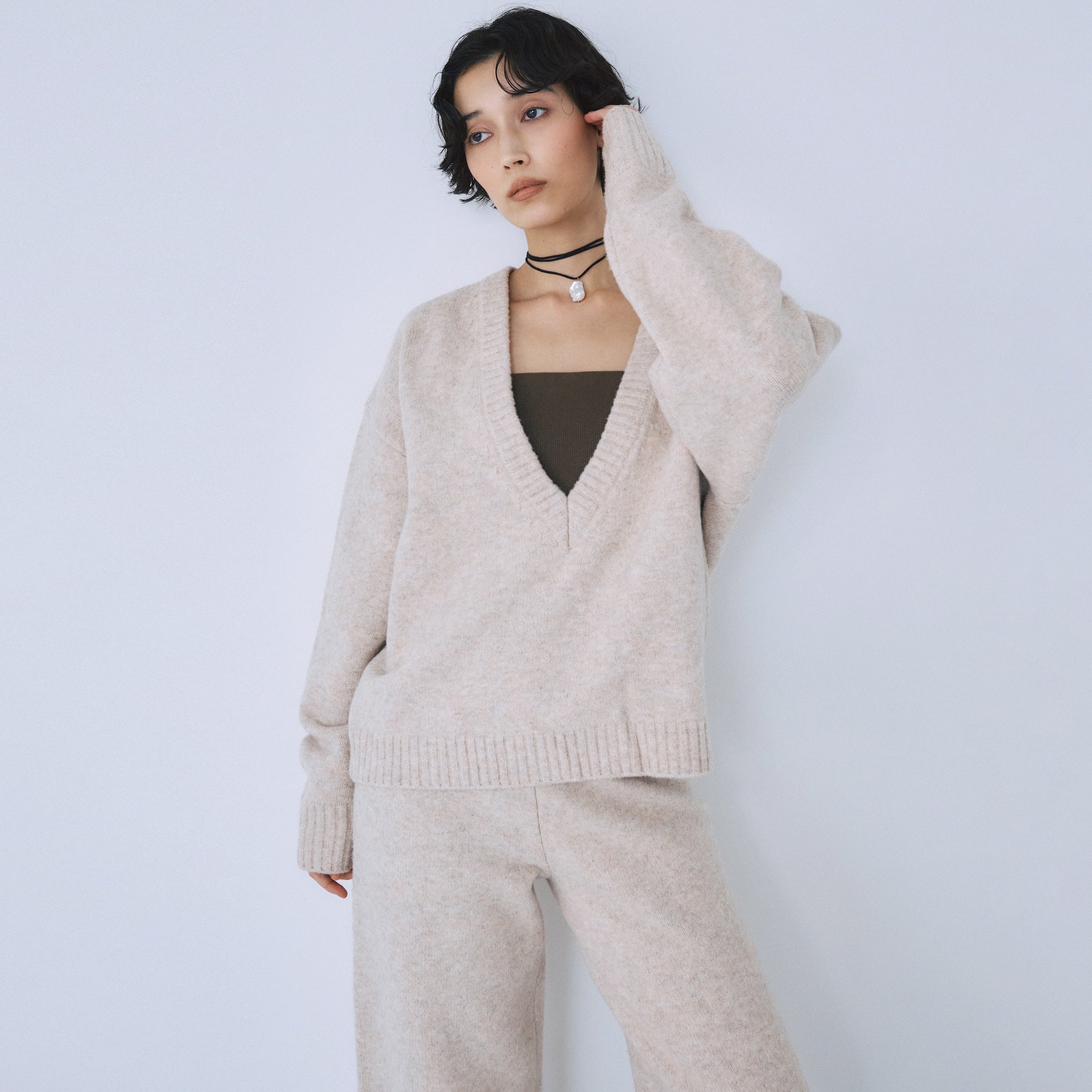 Wool mix deep V-neck top