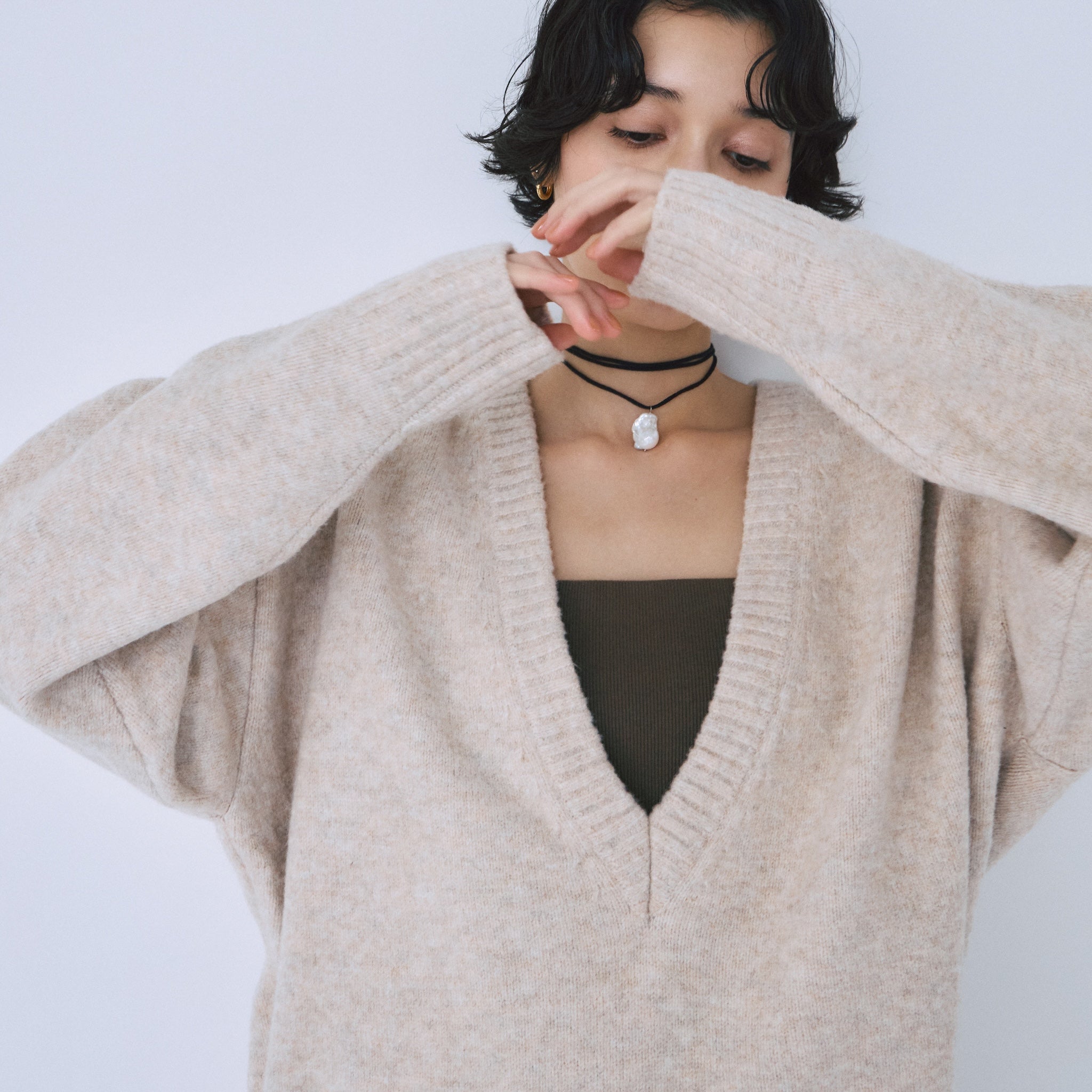 Wool mix deep V-neck top