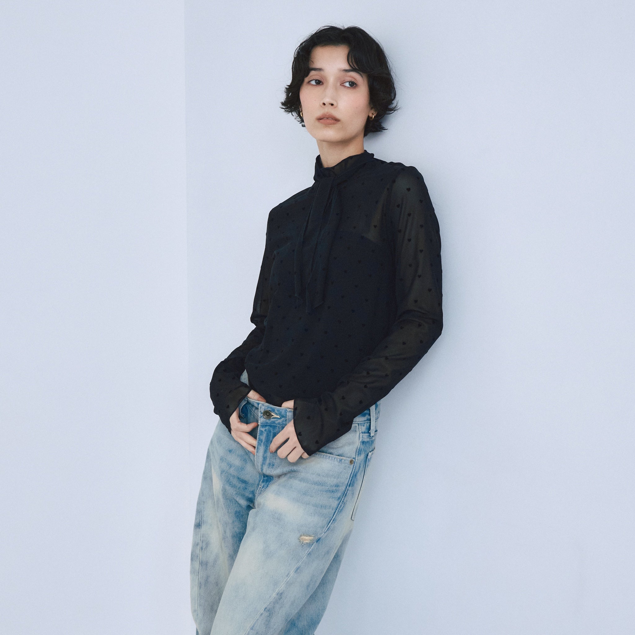 Flocked Multi Pattern High Neck Top