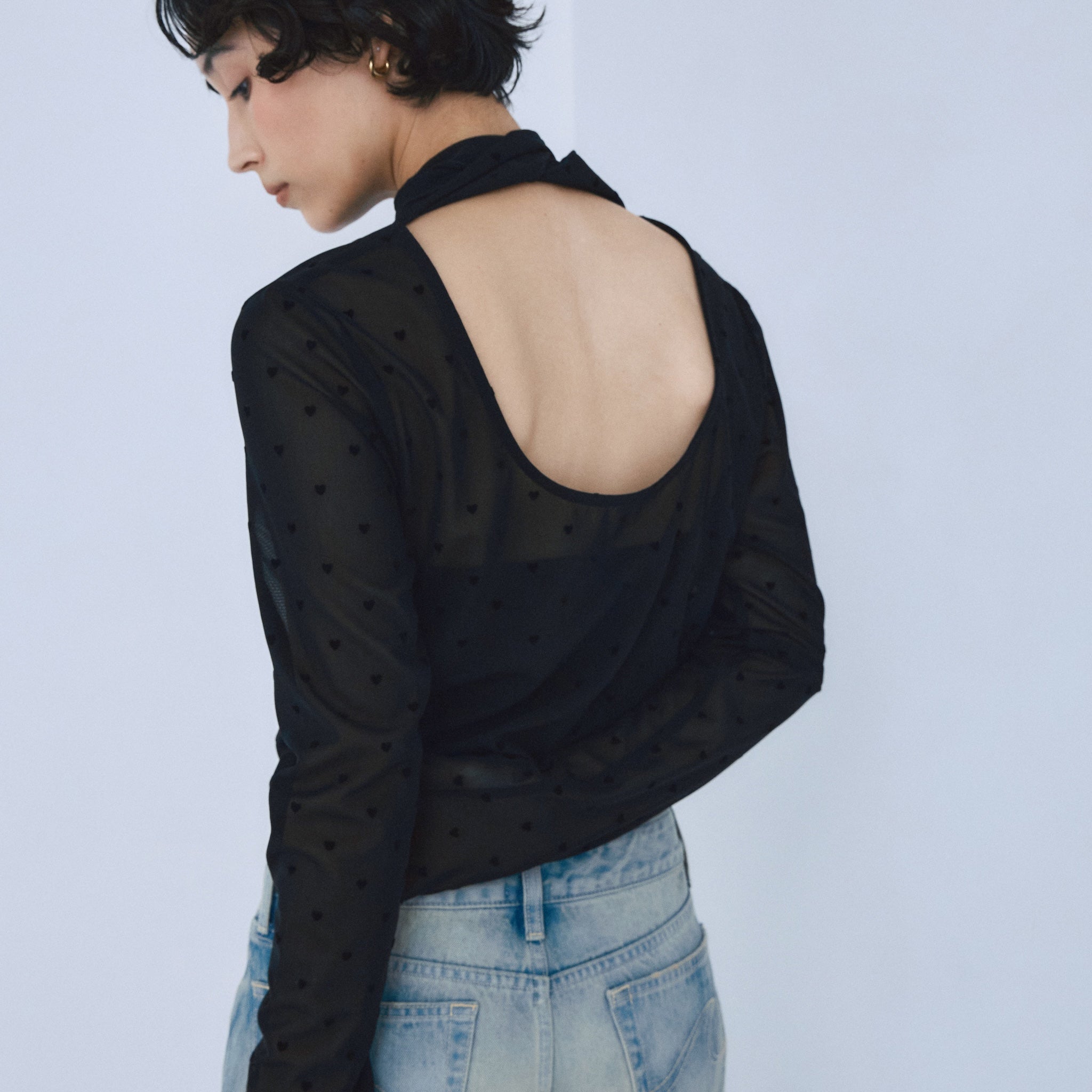 Flocked Multi Pattern High Neck Top