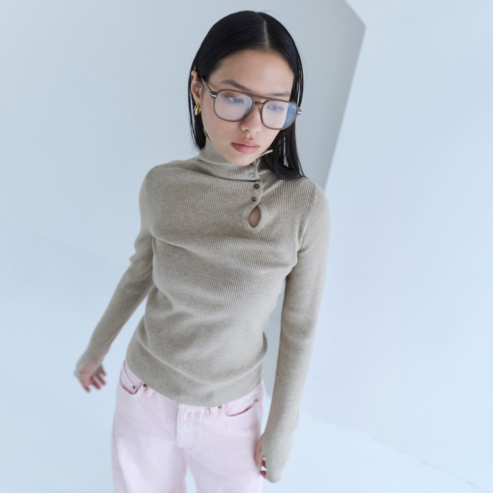 Petitボタンマルチネックニットトップス