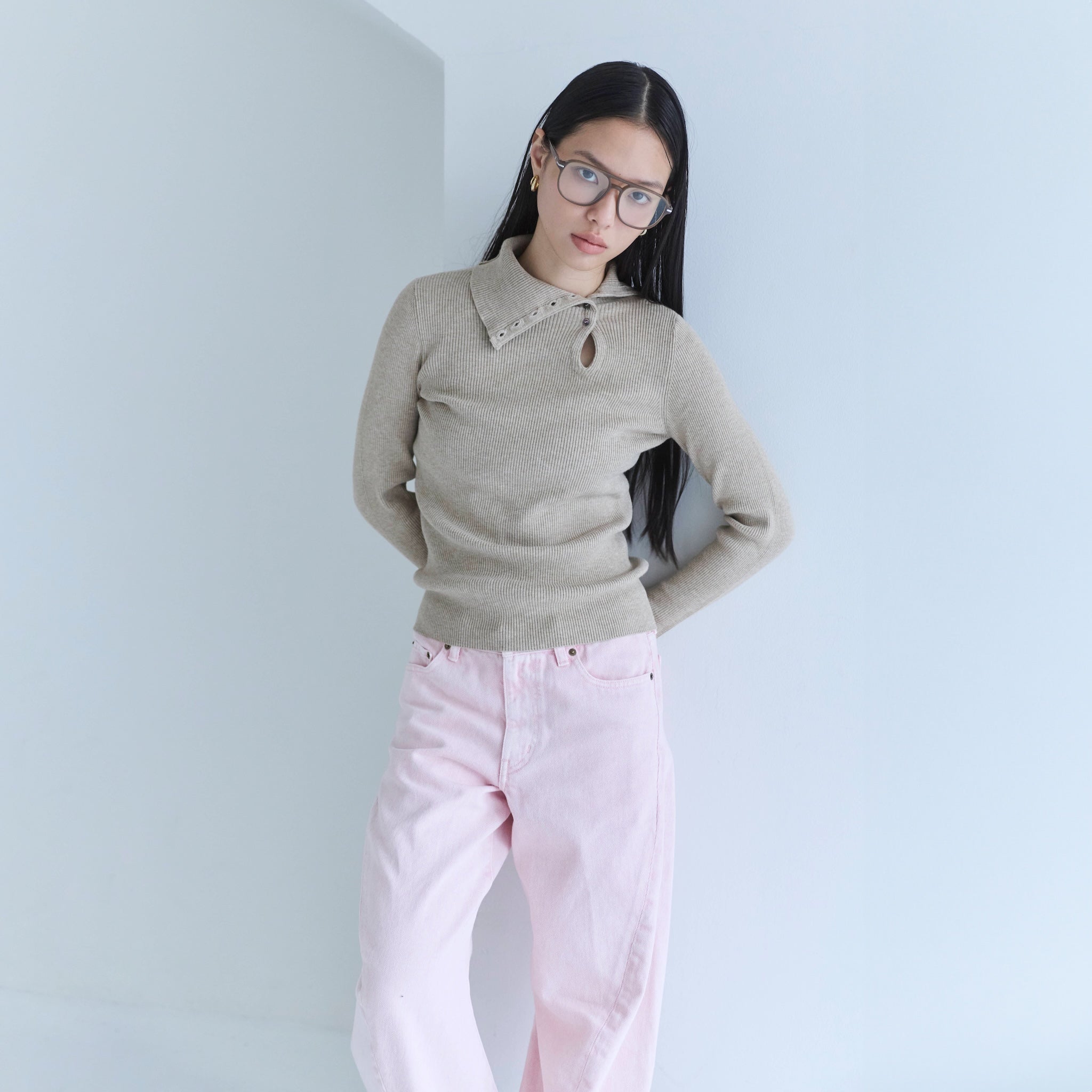 Petitボタンマルチネックニットトップス