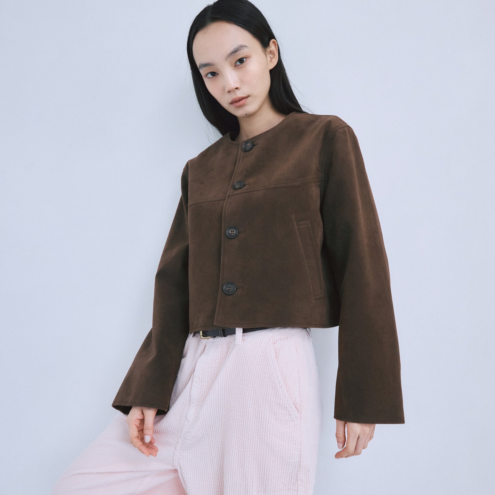 Fake suede collarless jacket