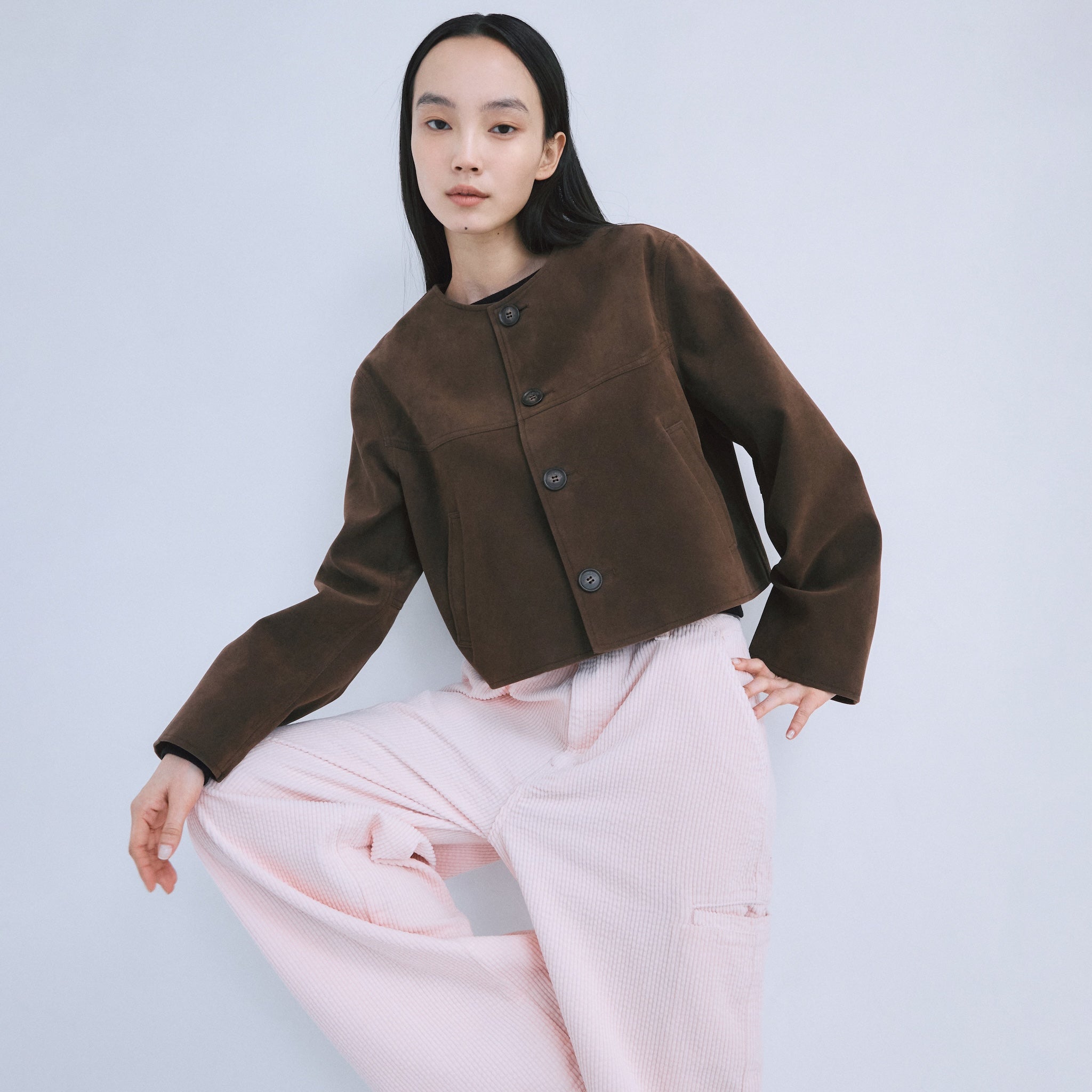 Fake suede collarless jacket