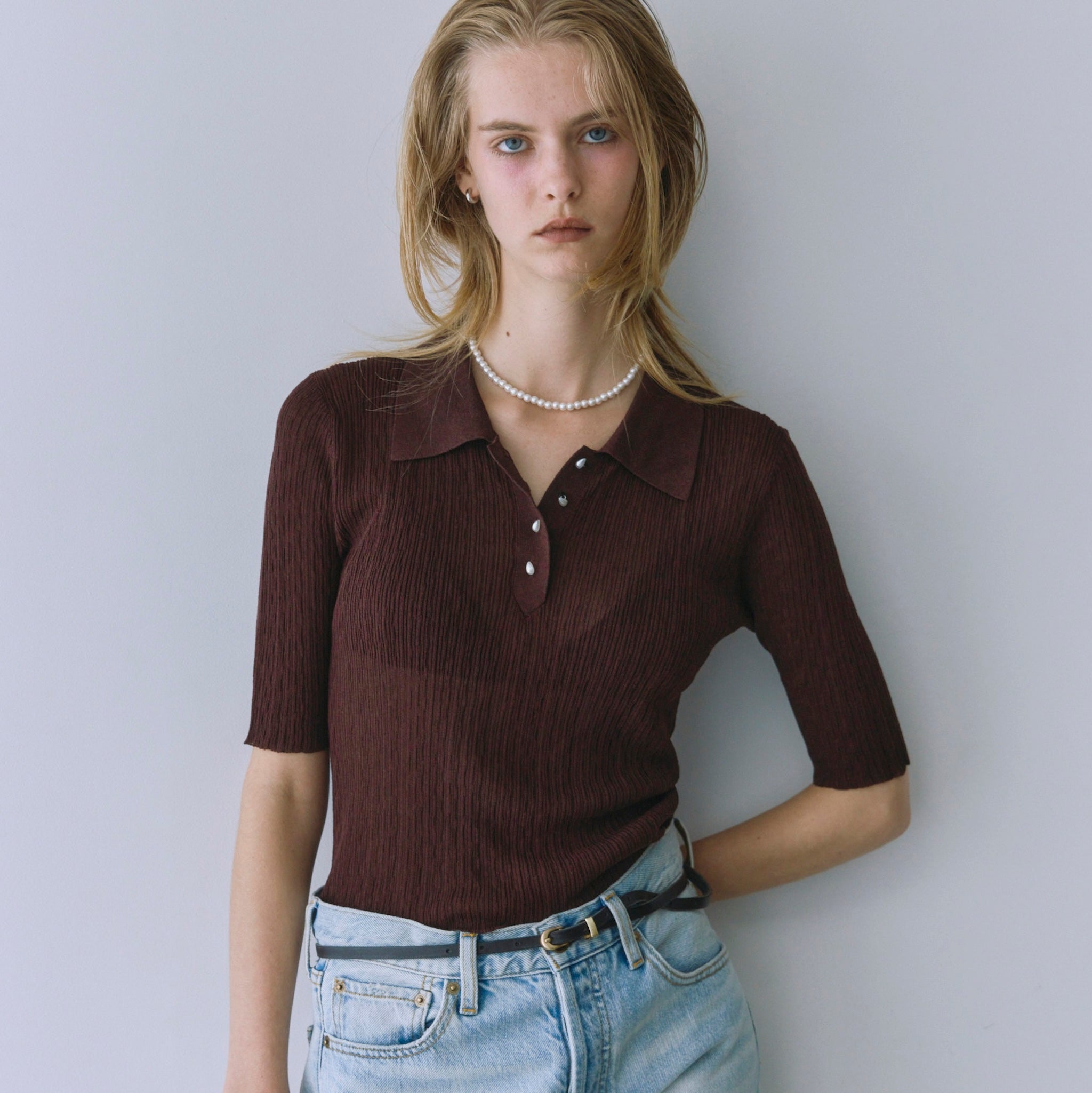 Pearl button random RIB sheer knit