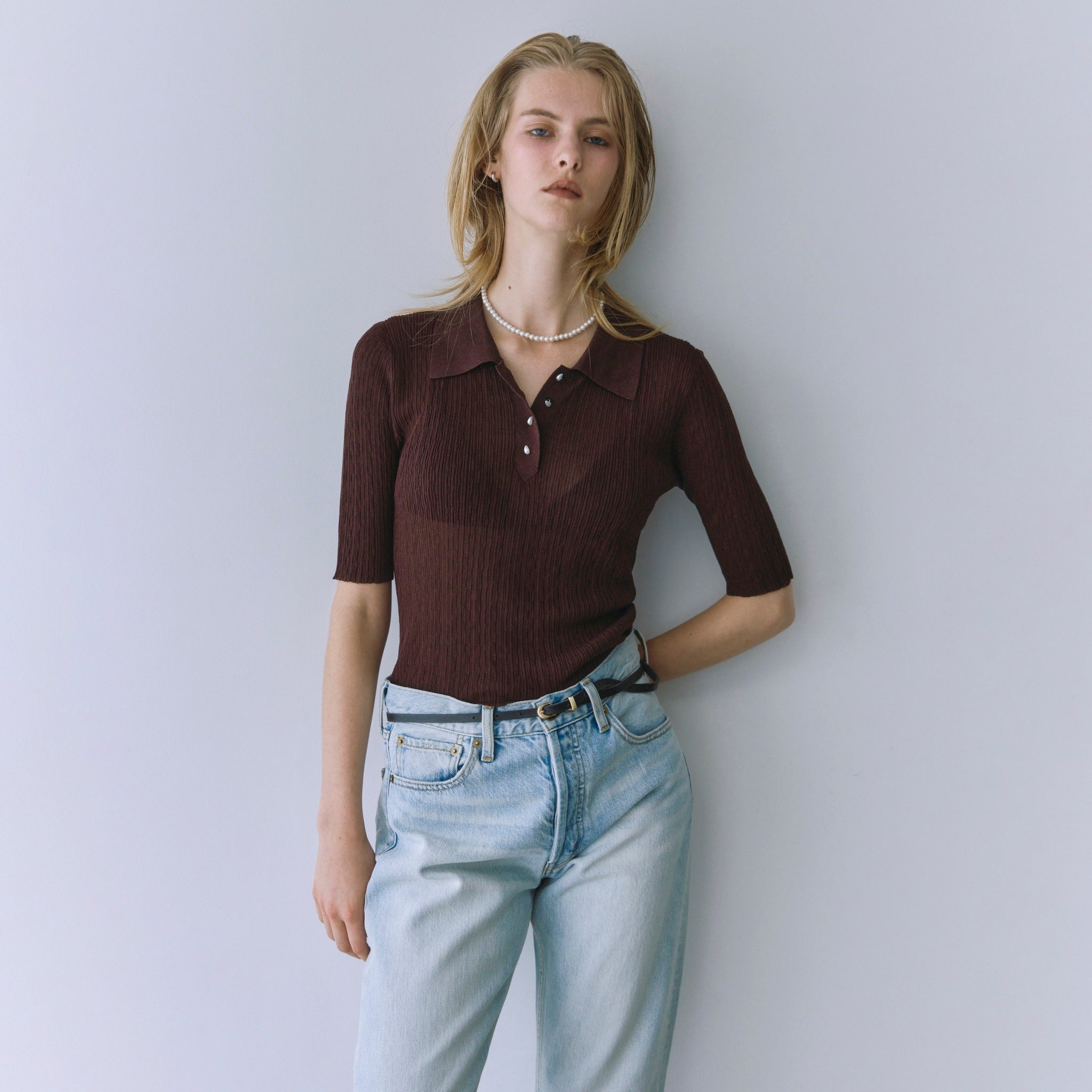 Pearl button random RIB sheer knit