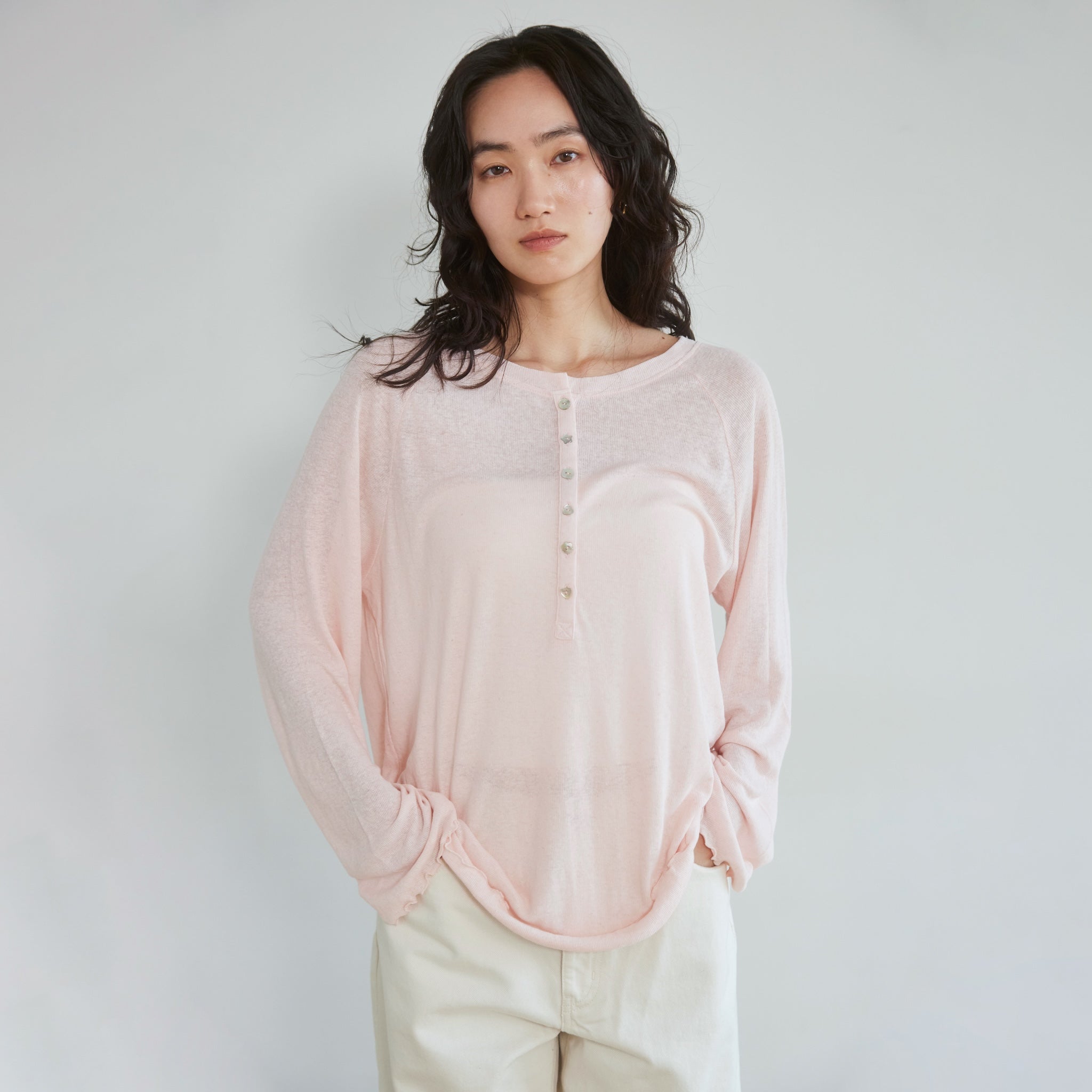 Multi button henley neck sheer top