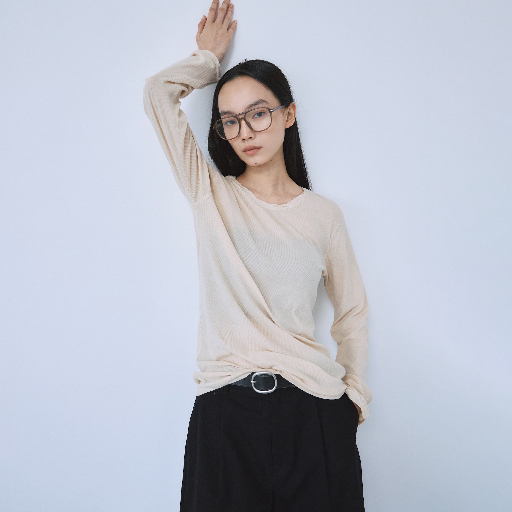 soft sheer RIB レースアップトップス Soft sheer RIBツイストネックトップス