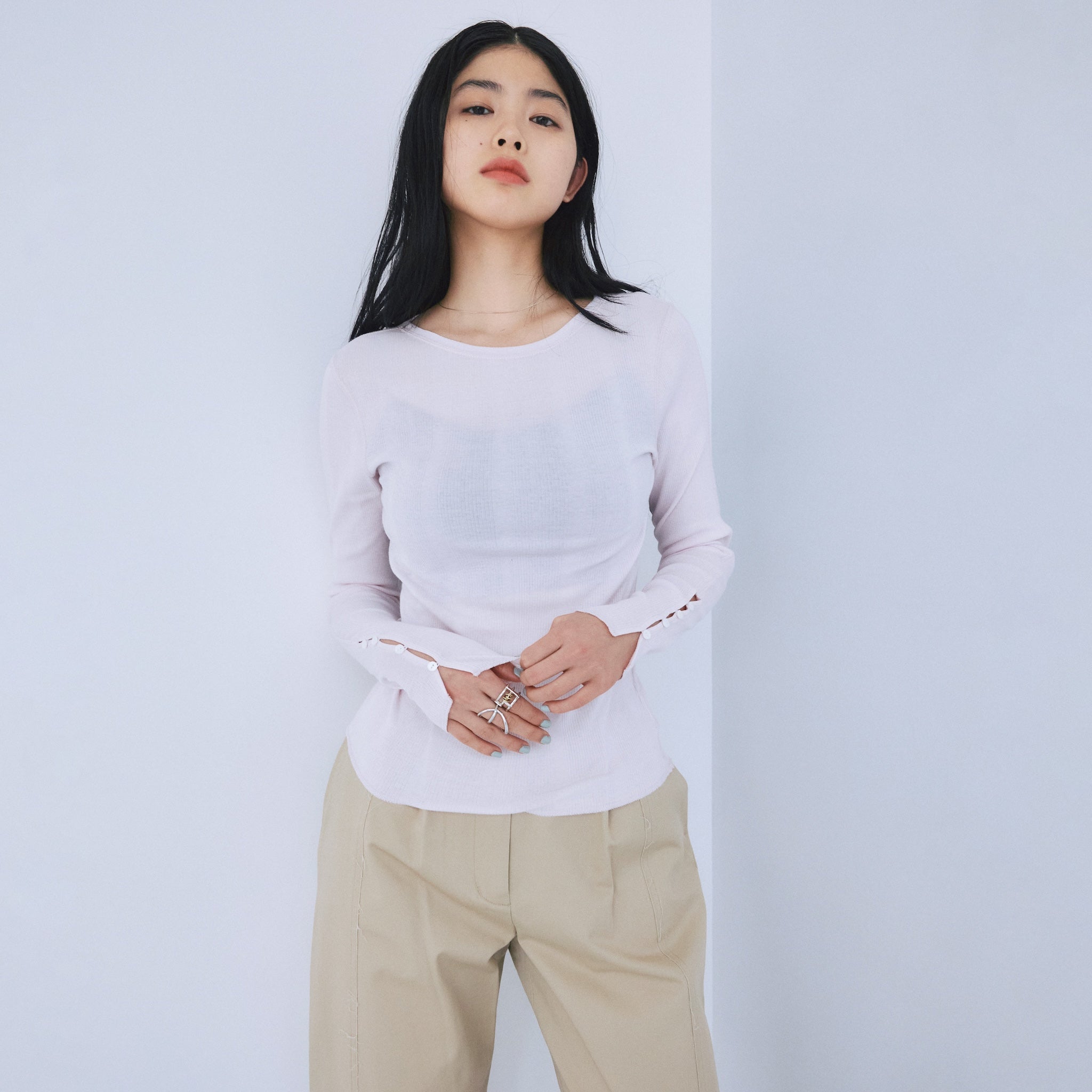 Soft sheerランダムRIB Cuffsトップス