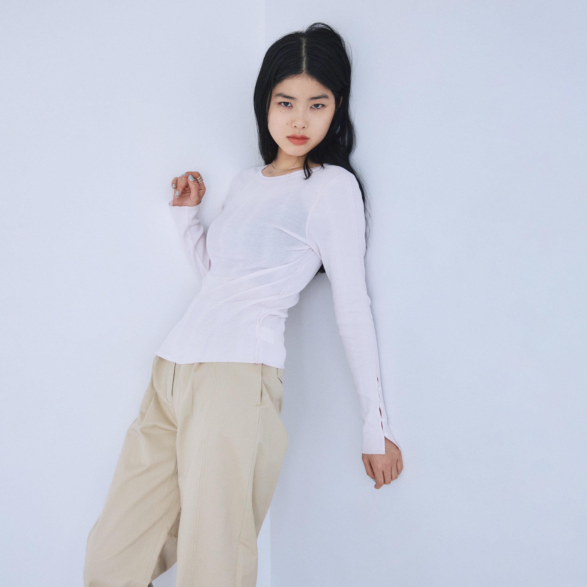 Soft sheer random rib cuffs top