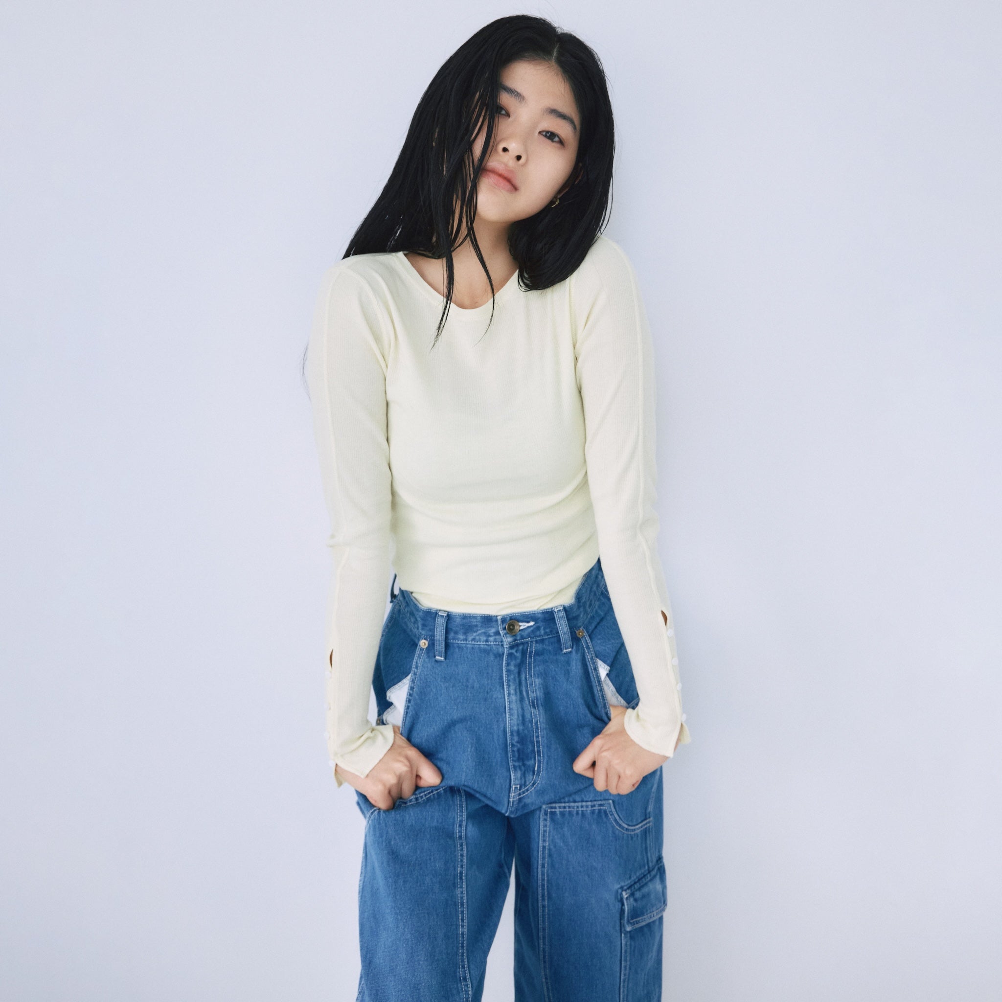 Soft sheer random rib cuffs top