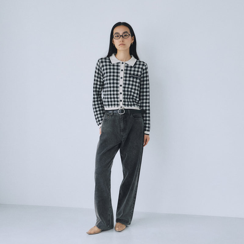Gingham check collar knit cardigan