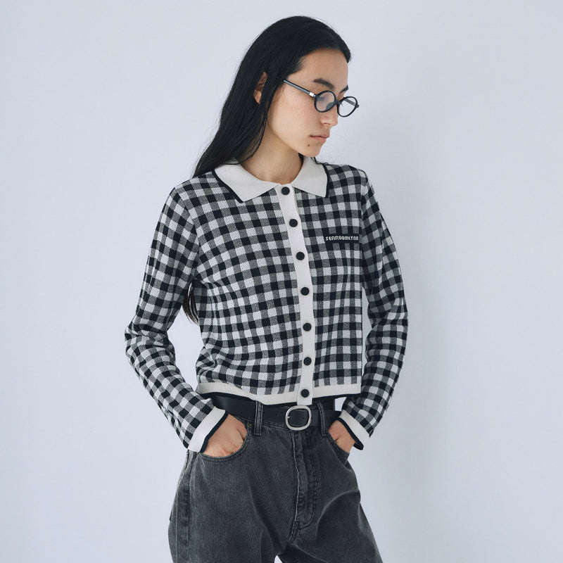 Gingham check collar knit cardigan