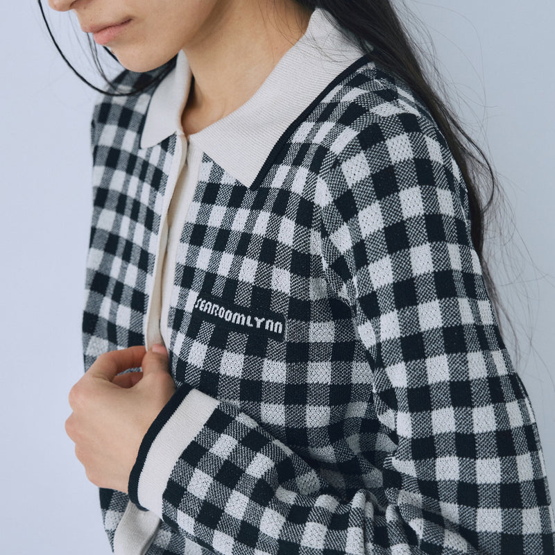 Gingham check collar knit cardigan
